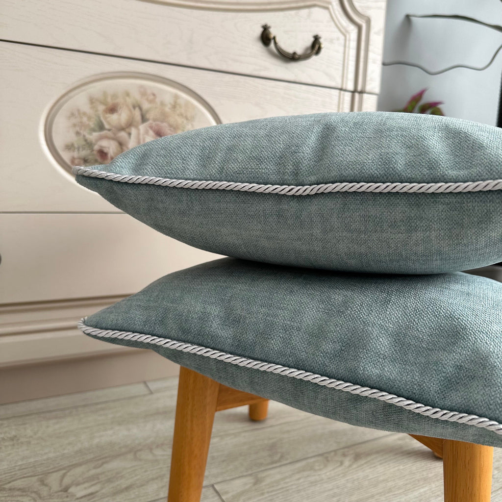 Textured Velvet Pillow Cover: Turquoise, Blue, Grey with Rope Detail