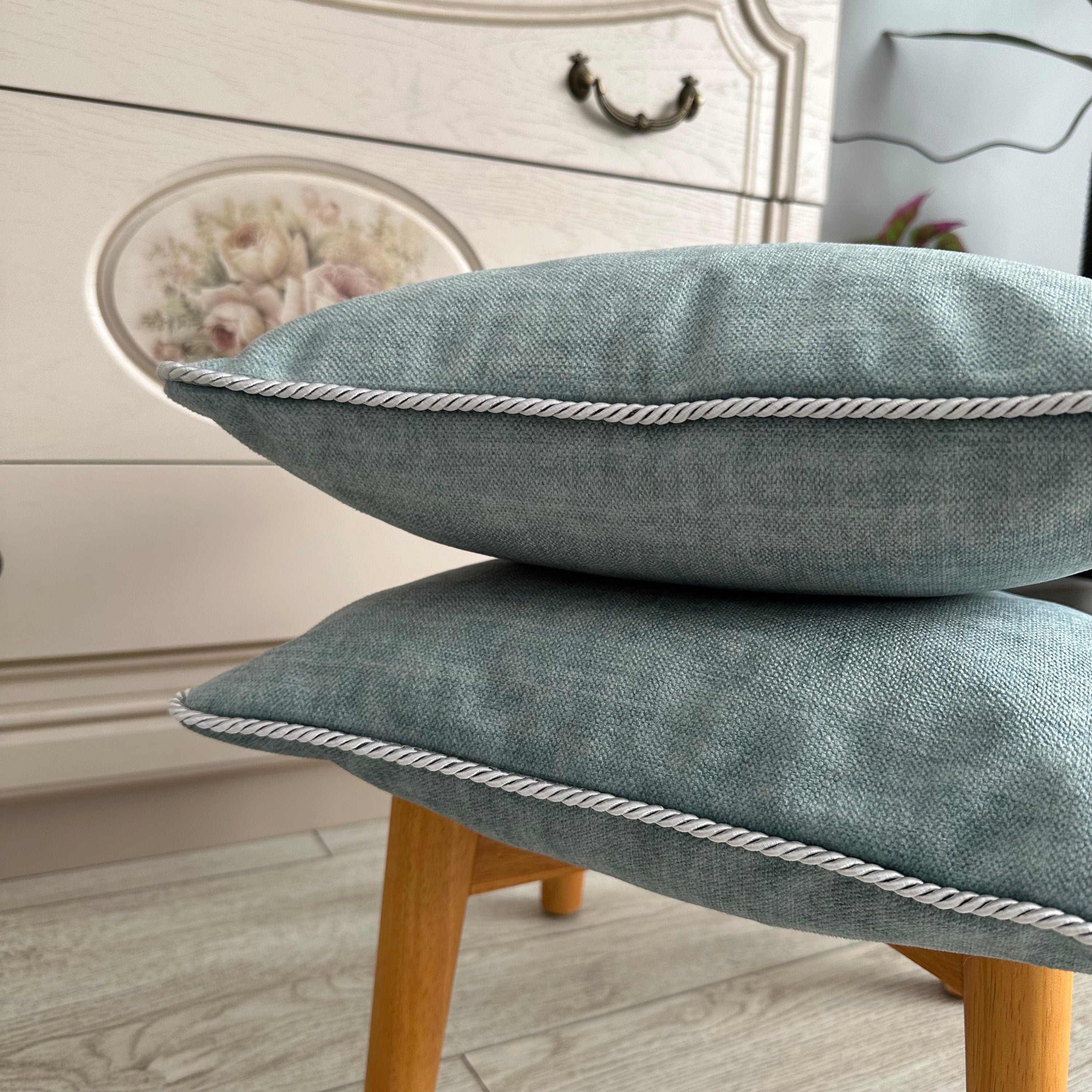 Textured Velvet Pillow Cover: Turquoise, Blue, Grey with Rope Detail