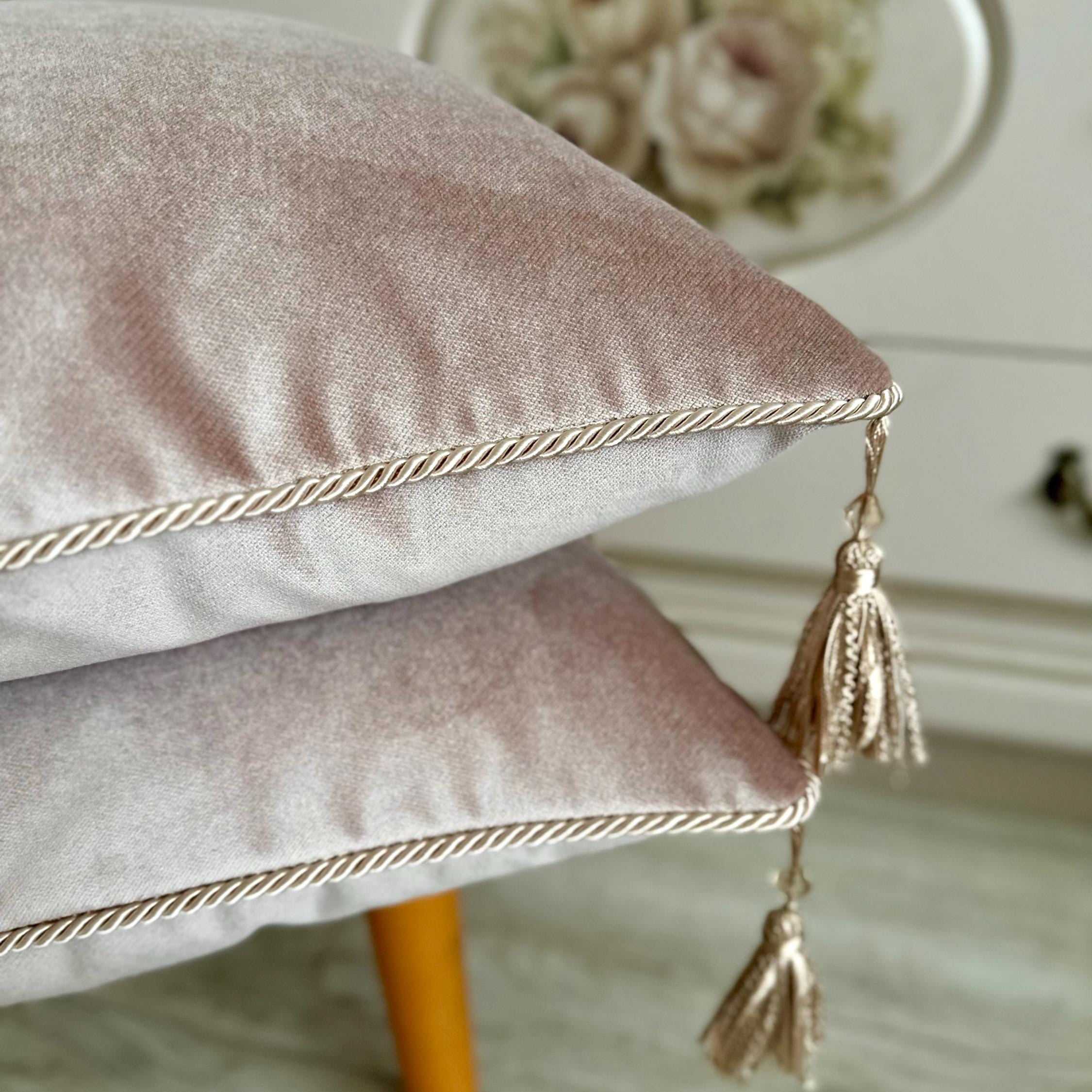 Blush Pink Velvet Pillow Cover: Decorative Throw Cushion with Rope Tassels