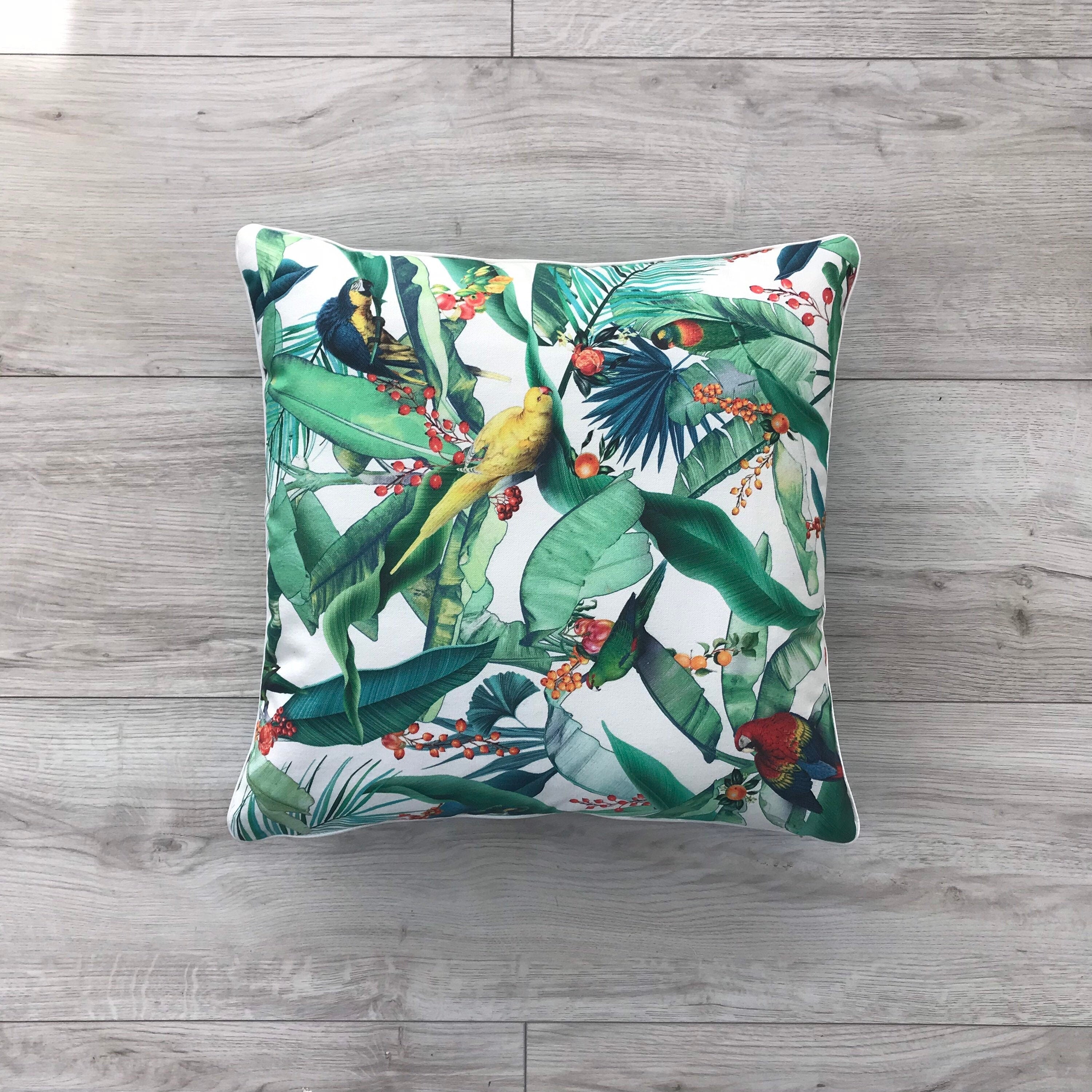 Tropical Parrot Print Cotton Pillow Cover with Fringe