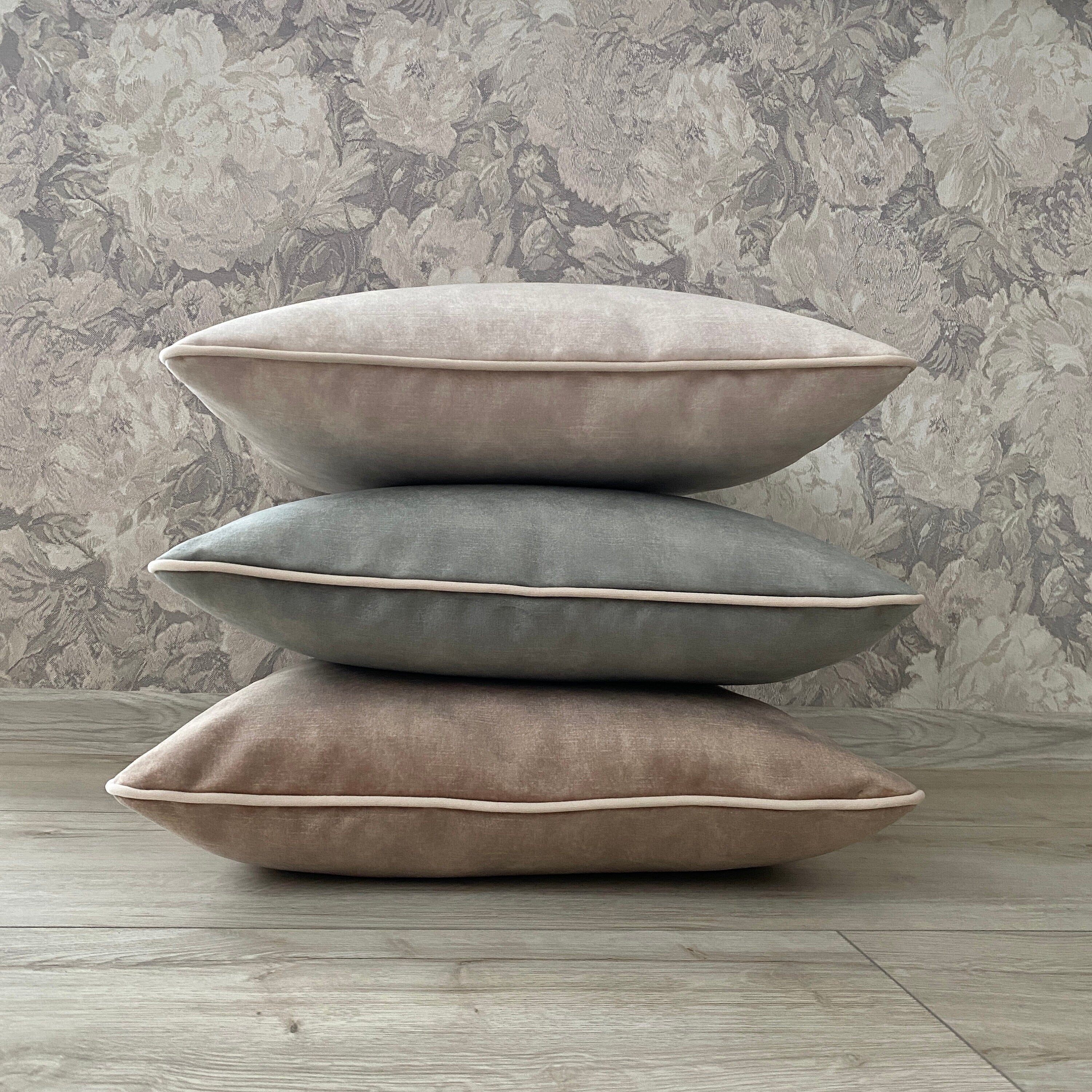 Velvet Pillow Cover with Piping: Thick Grey, Brown, Blue Grey, Beige