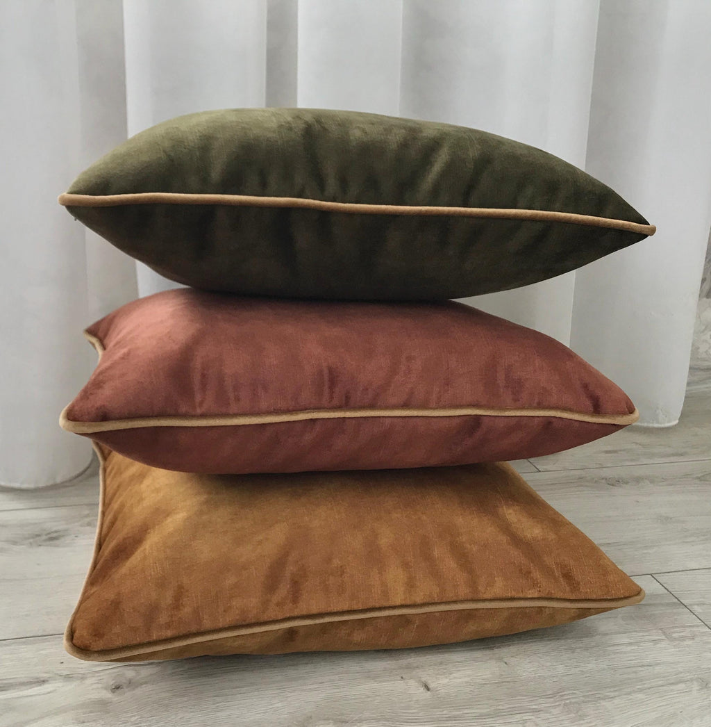 Velvet Pillow Cover with Piping: Chestnut, Caramel, Olive Green
