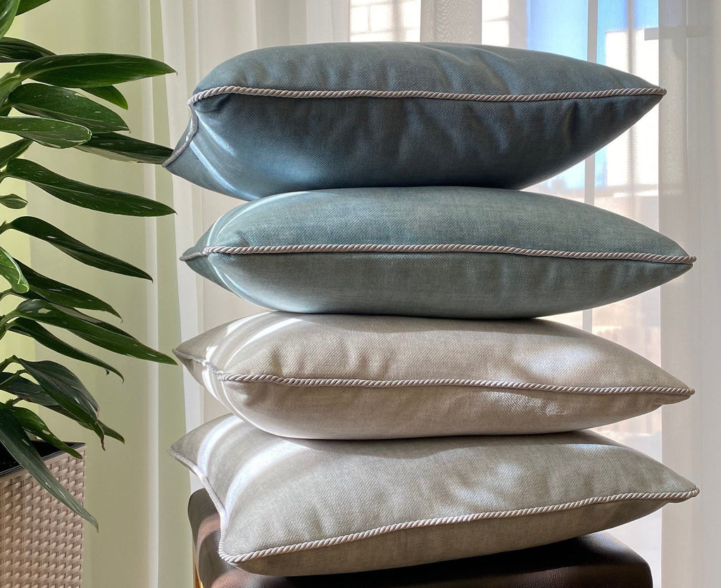 Textured Velvet Pillow Cover: Turquoise, Blue, Grey with Rope Detail