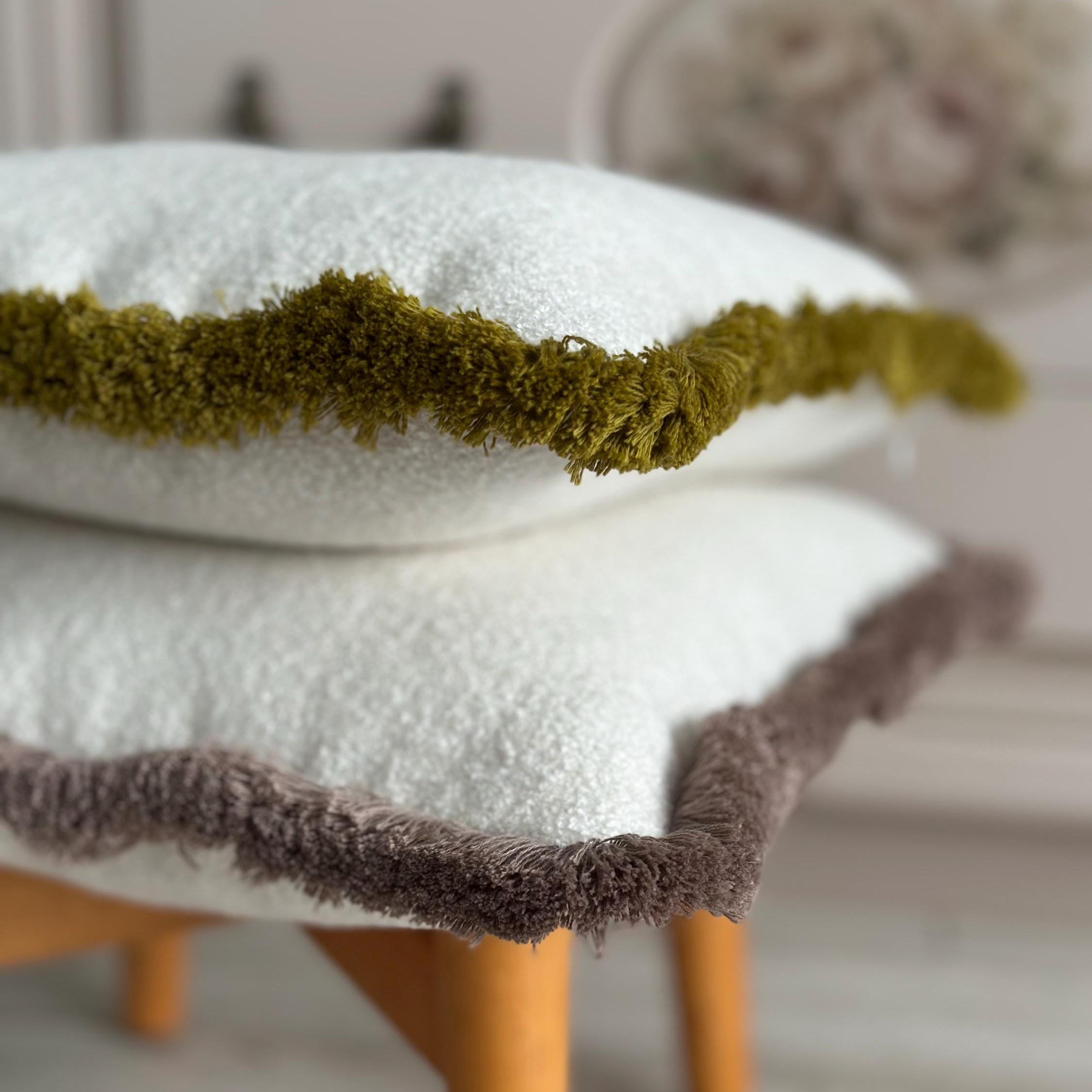 Off White Thick Boucle Pillow Cover with Cotton Fringe