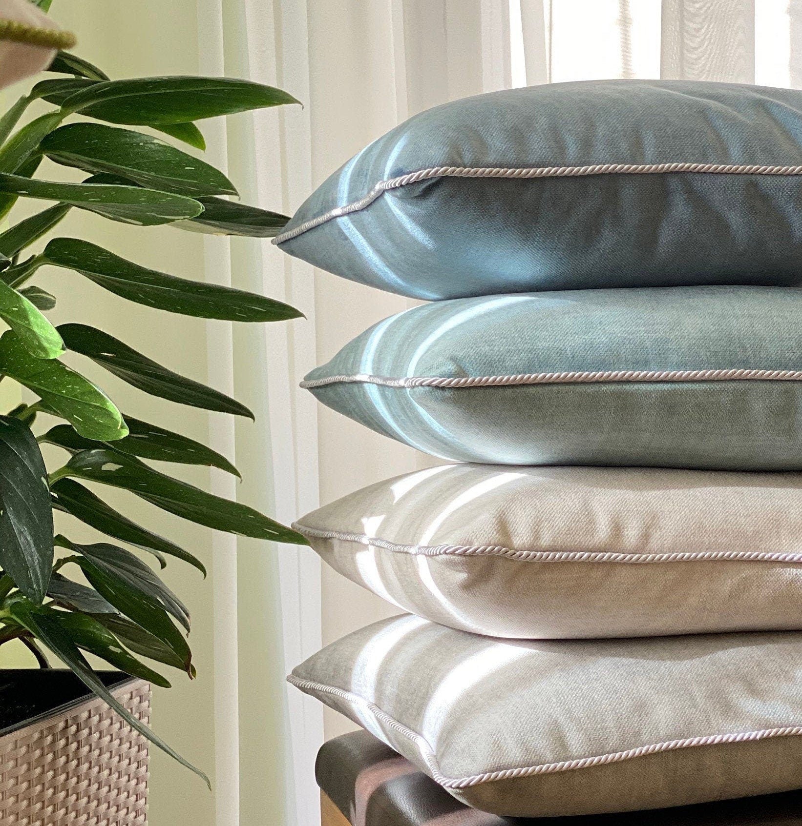 Textured Velvet Pillow Cover: Turquoise, Blue, Grey with Rope Detail