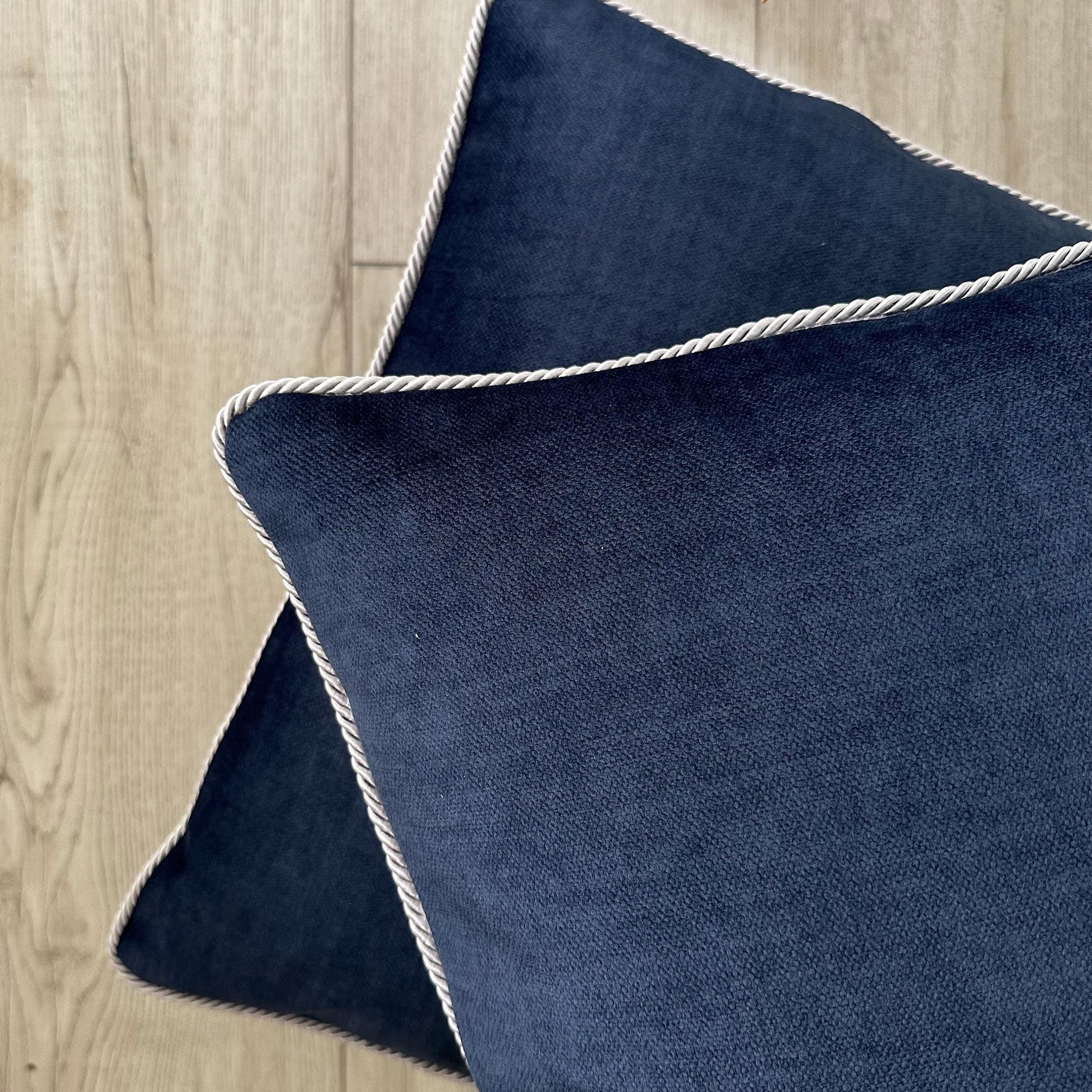 Thick Navy Blue Velvet Pillow Cover: Textured Cushion with Rope Piping