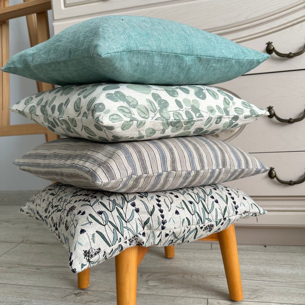 Natural Linen Pillowcase: Striped & Floral Patterned Cushion Cover