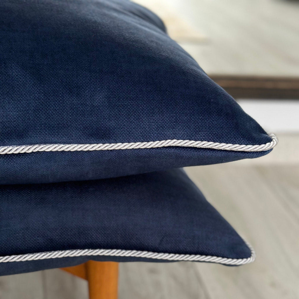 Thick Navy Blue Velvet Pillow Cover: Textured Cushion with Rope Piping