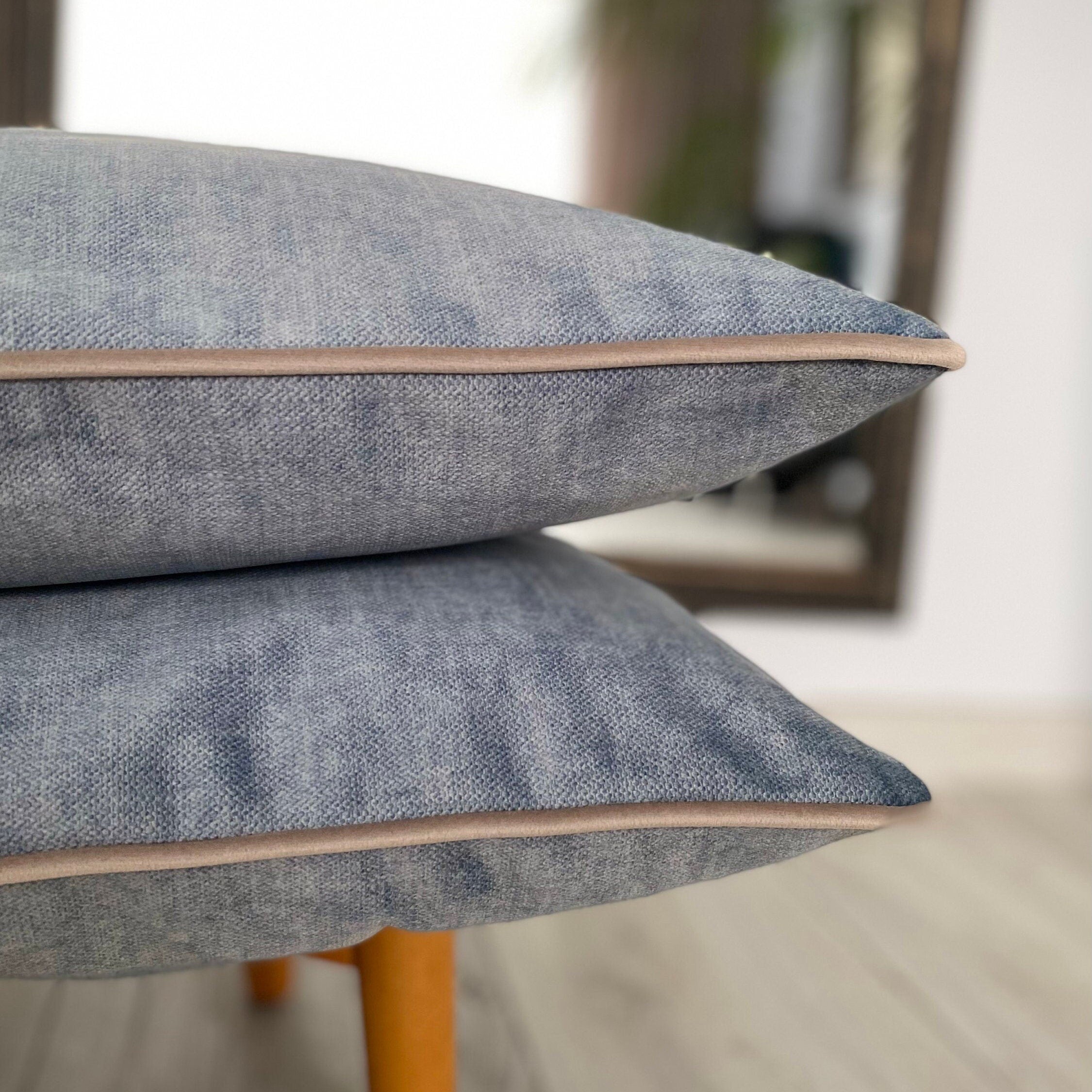 Textured Velvet Pillow Cover: Smoke Blue, Grey Piping