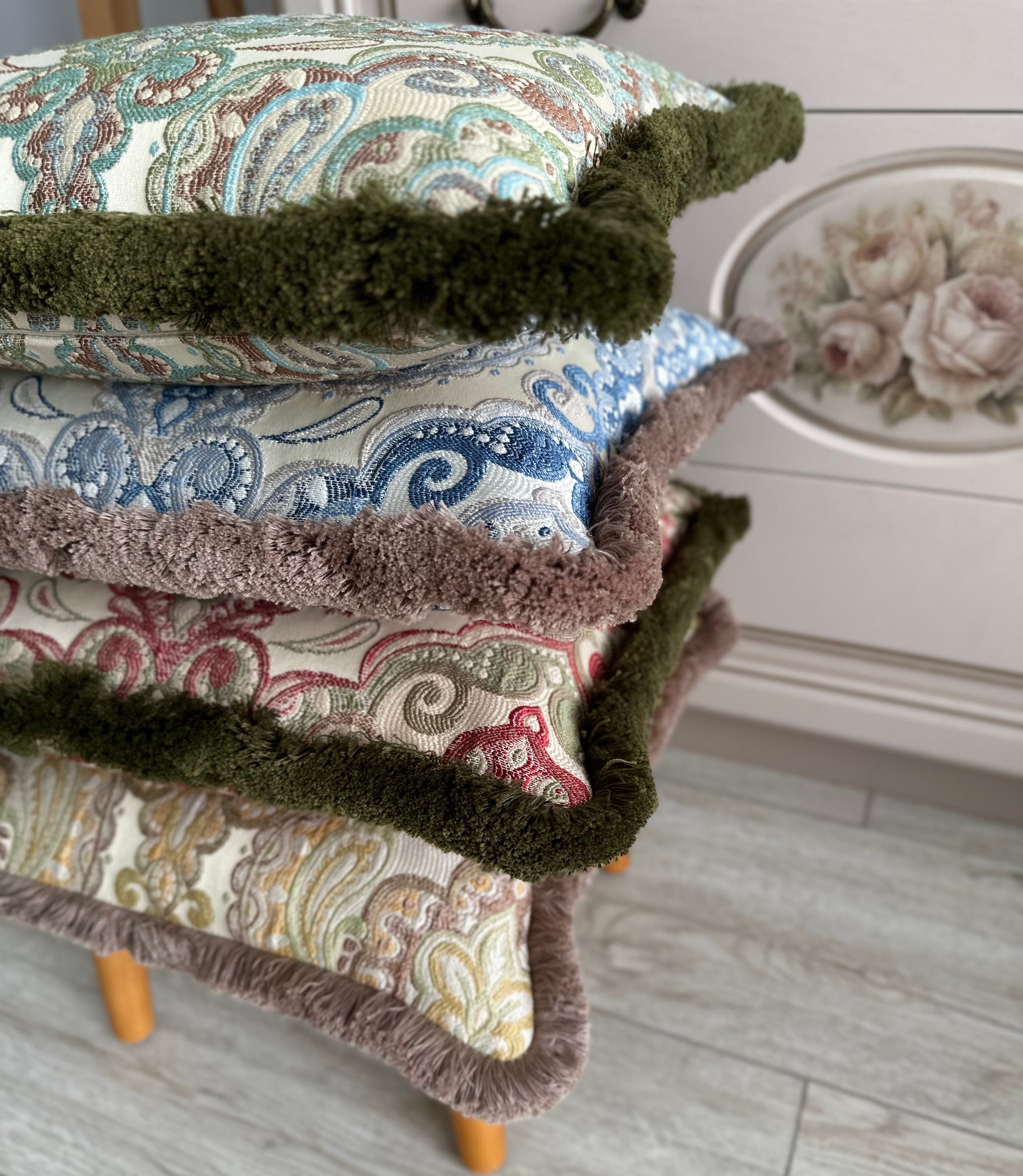 Royal Jacquard Pillow Cover with Custom Colour Cotton Fringe