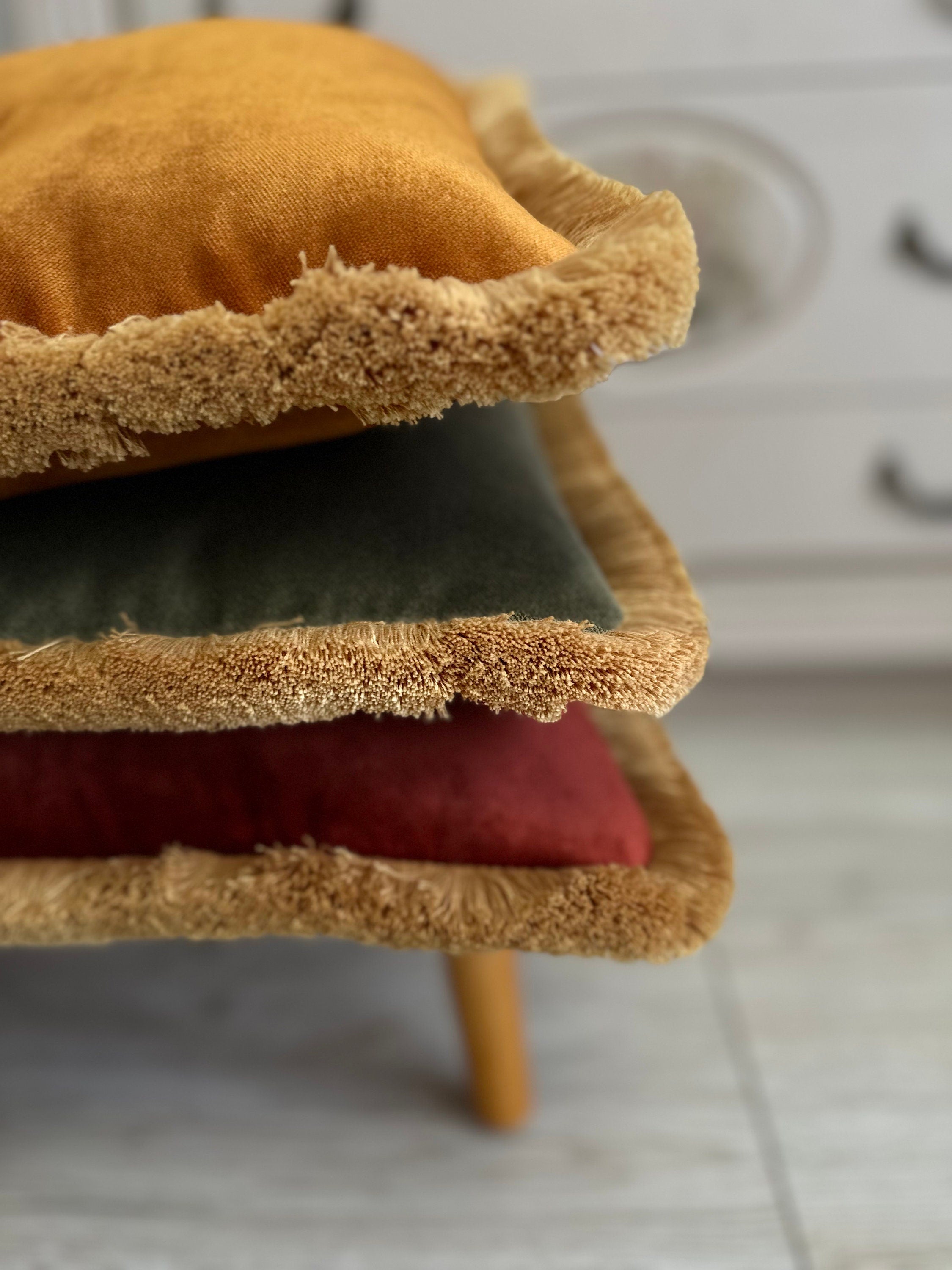 Orange Rust Velvet Fringe Pillow Cover: Boho Decorative Cushion