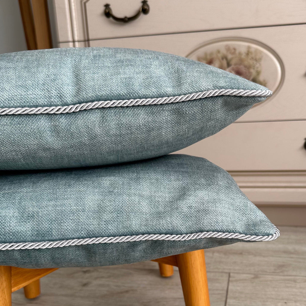 Textured Velvet Pillow Cover: Turquoise, Blue, Grey with Rope Detail