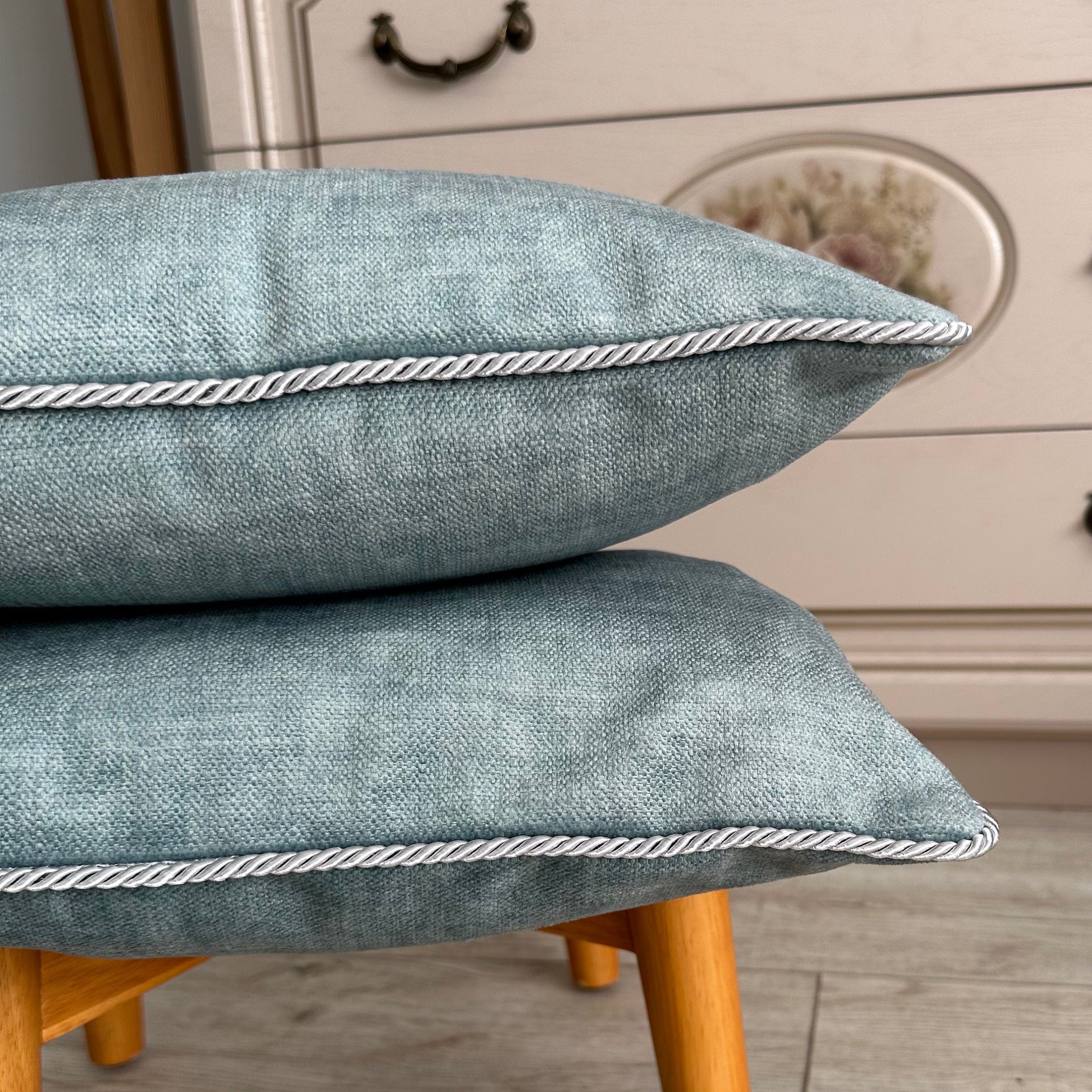 Textured Velvet Pillow Cover: Turquoise, Blue, Grey with Rope Detail