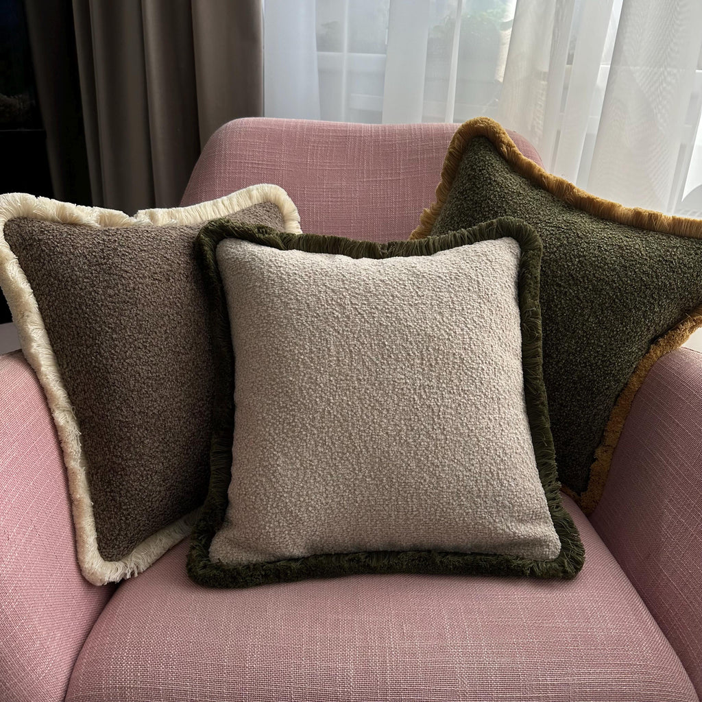 Green Moss Boucle Pillow Cover with Cotton Fringe