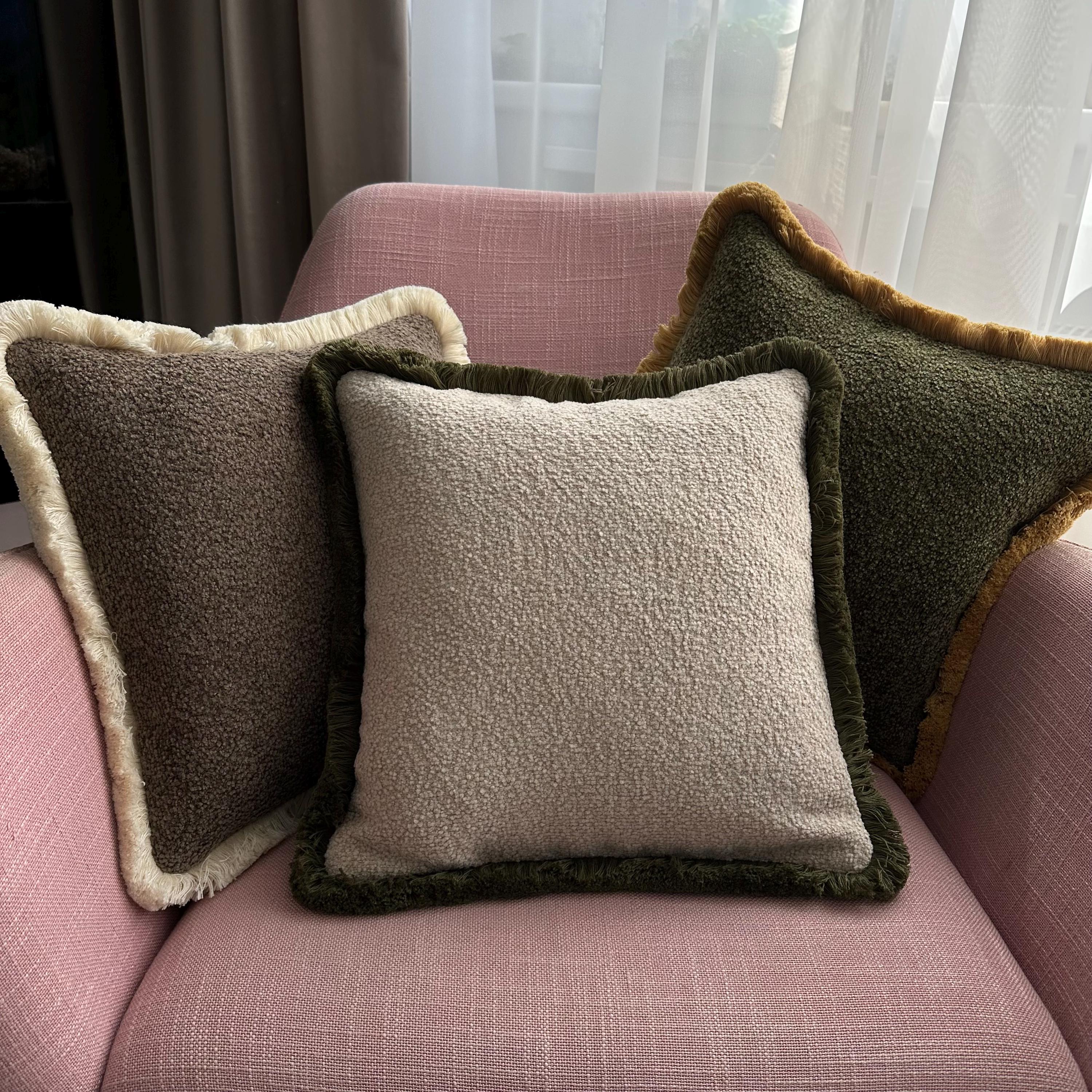 Green Moss Boucle Pillow Cover with Cotton Fringe