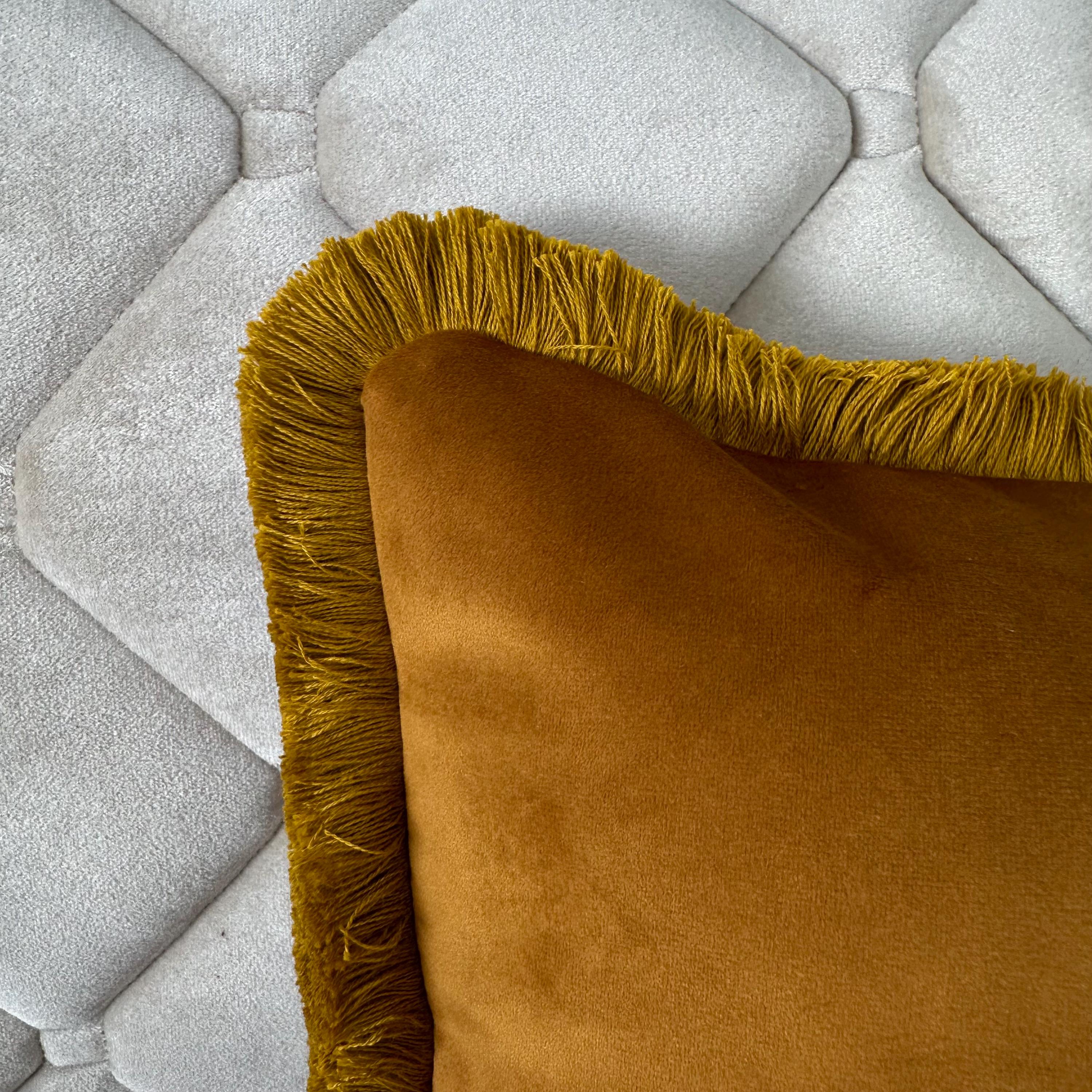 Antique Gold Velvet Pillow Cover: Cotton Fringe Throw Pillow