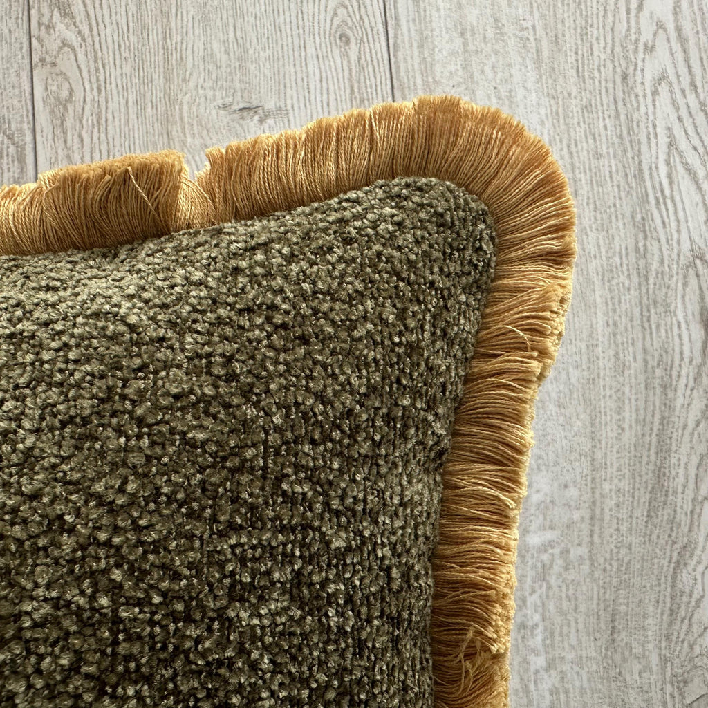 Green Moss Boucle Pillow Cover with Cotton Fringe