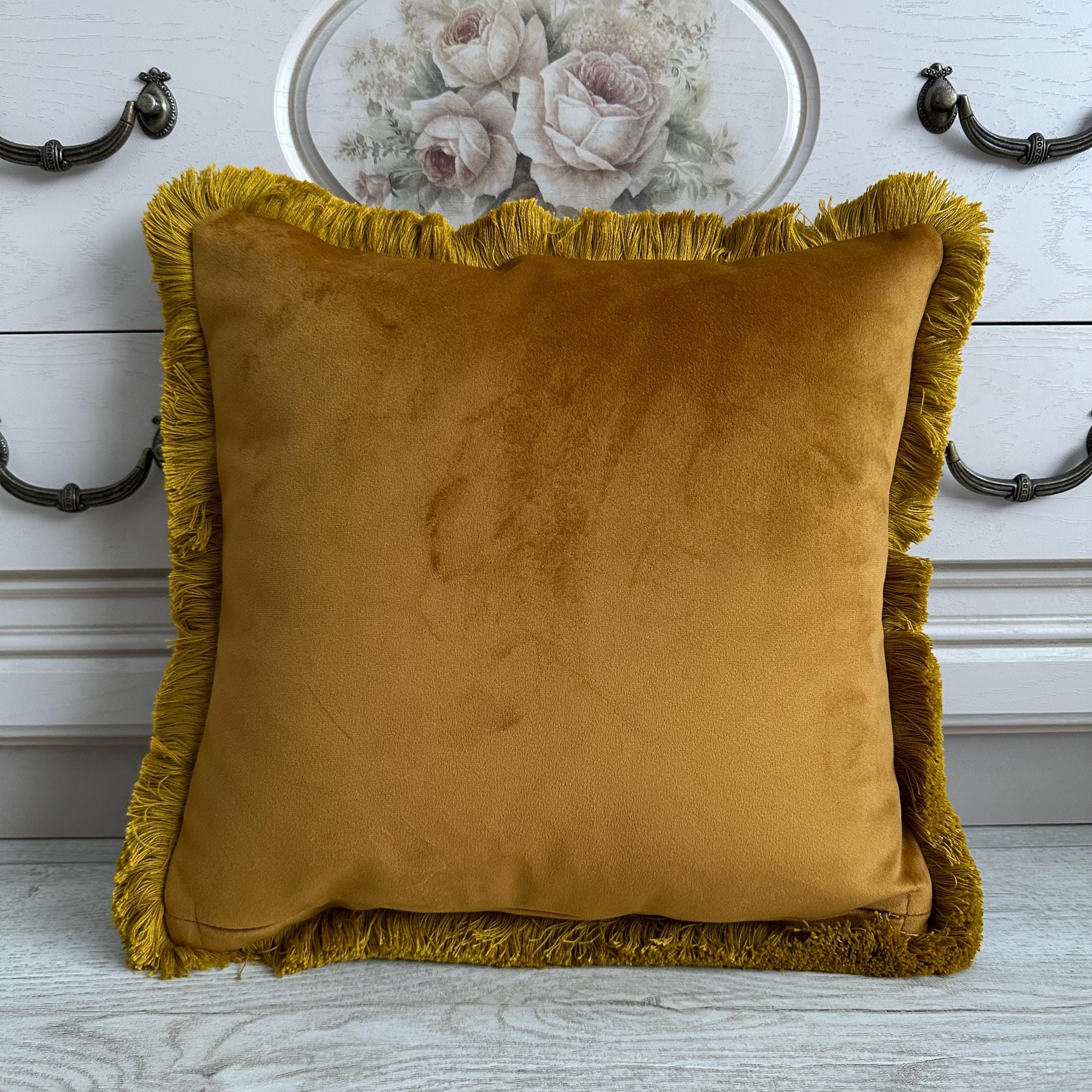 Antique Gold Velvet Pillow Cover: Cotton Fringe Throw Pillow