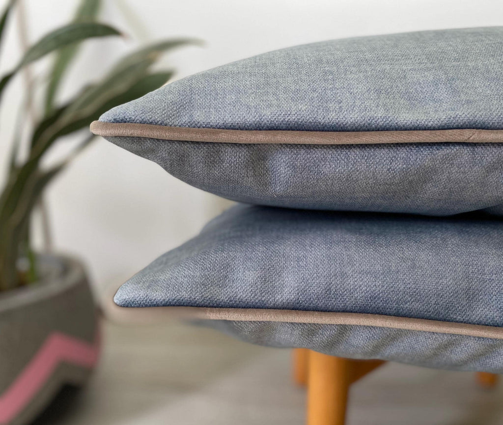 Textured Velvet Pillow Cover: Smoke Blue, Grey Piping