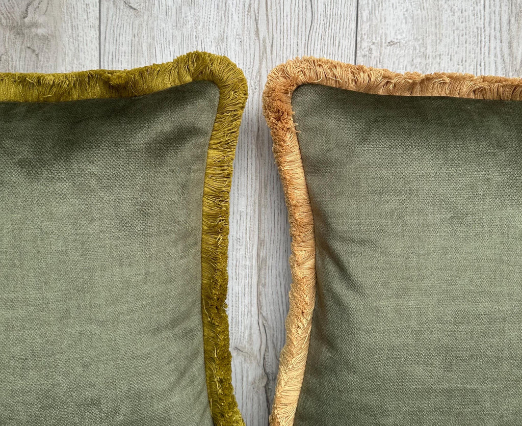 Moss Green Velvet Pillow Cover: Luxury Fringe Trim Cushion