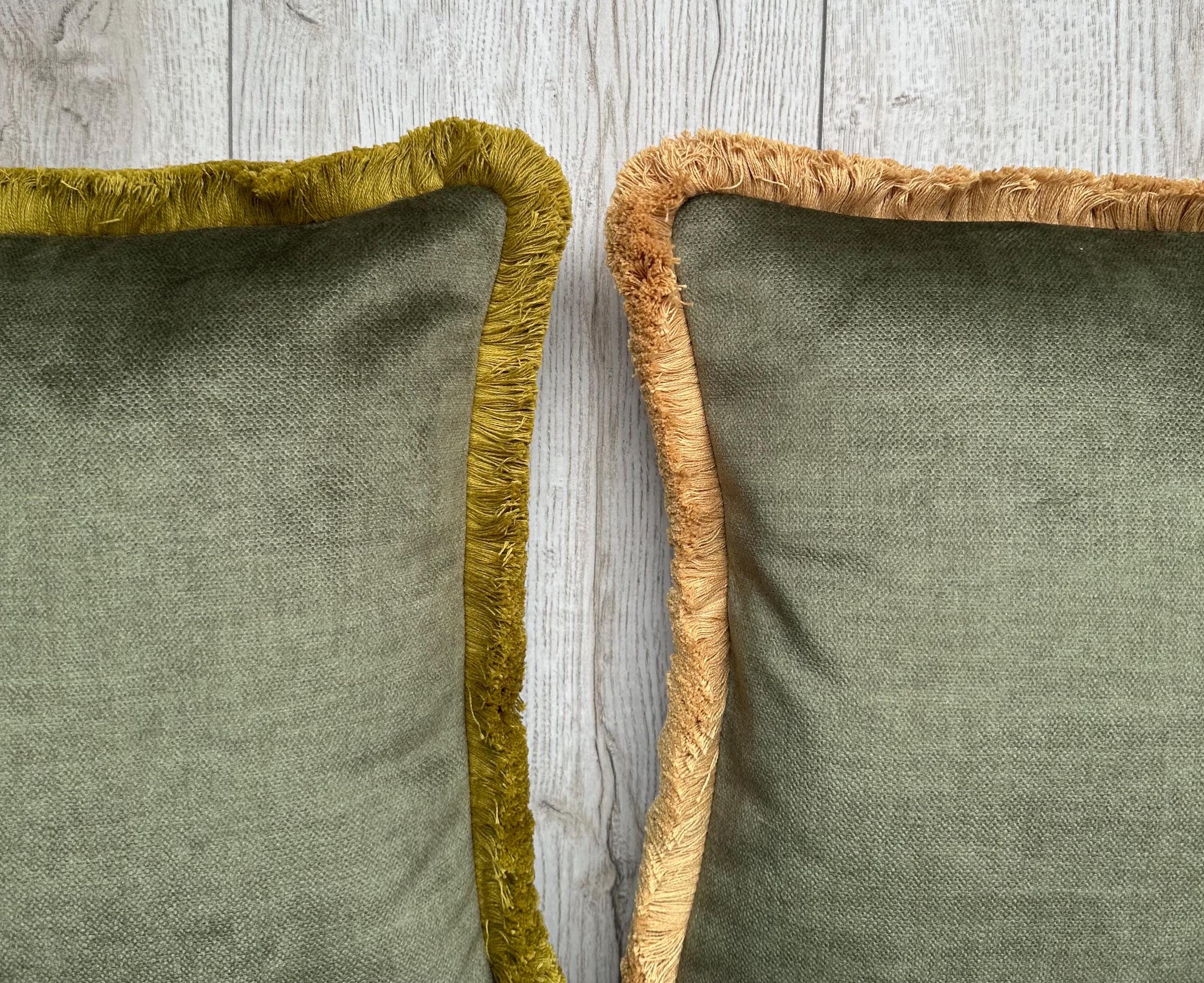 Moss Green Velvet Pillow Cover: Luxury Fringe Trim Cushion