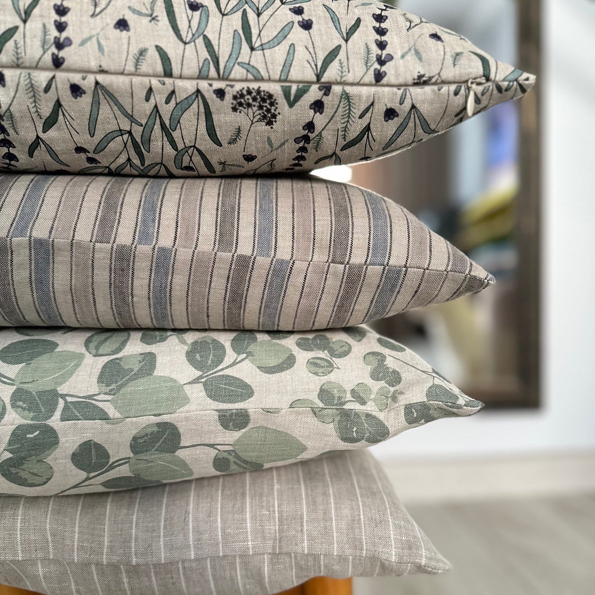 Striped & Floral Linen Pillow Cover: Natural Washed Fabric