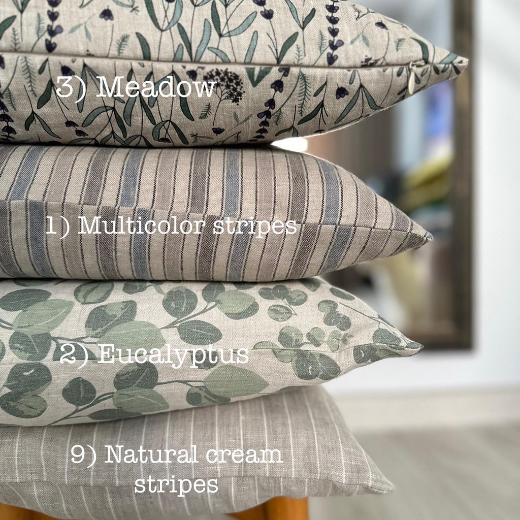 Striped & Floral Linen Pillow Cover: Natural Washed Fabric