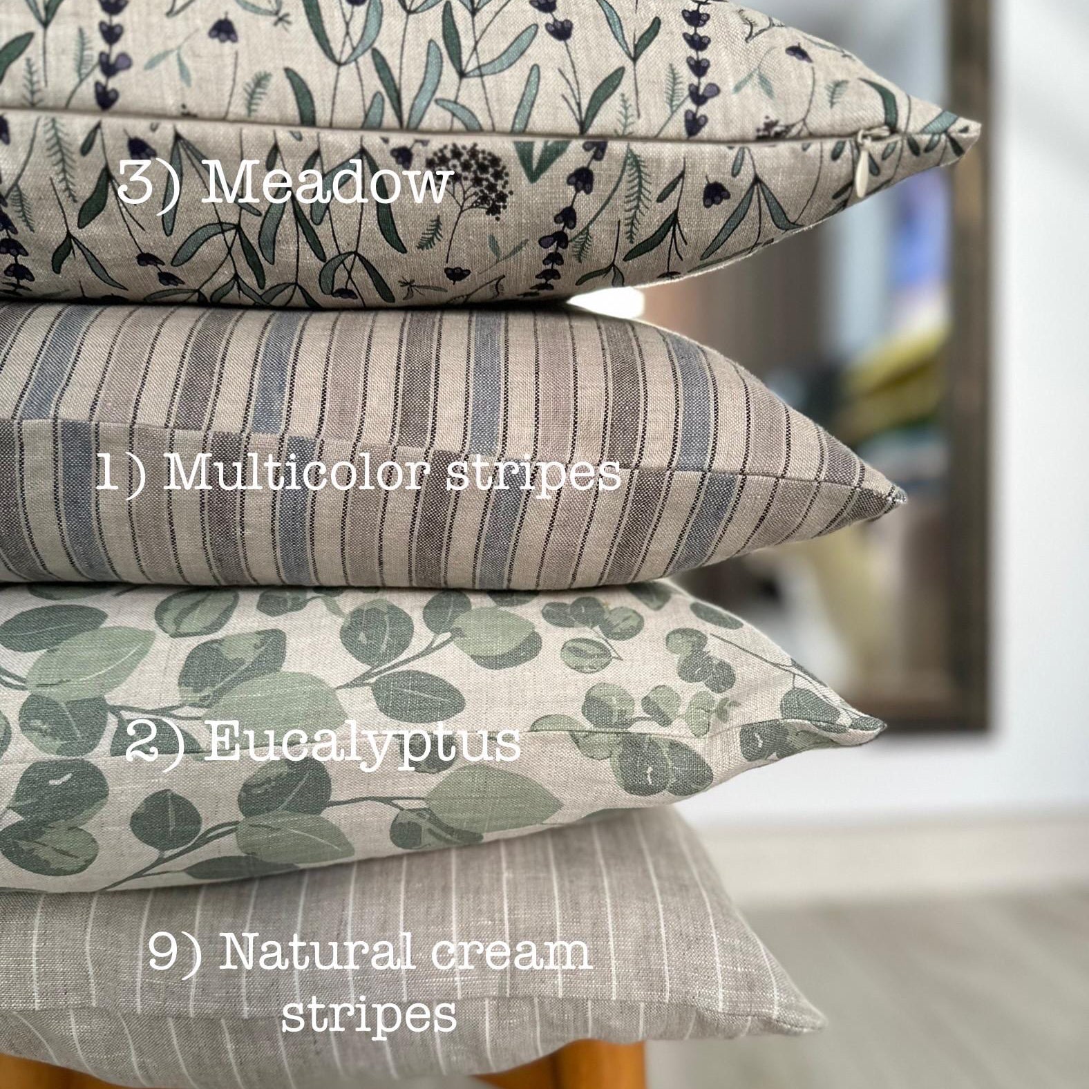 Striped & Floral Linen Pillow Cover: Natural Washed Fabric