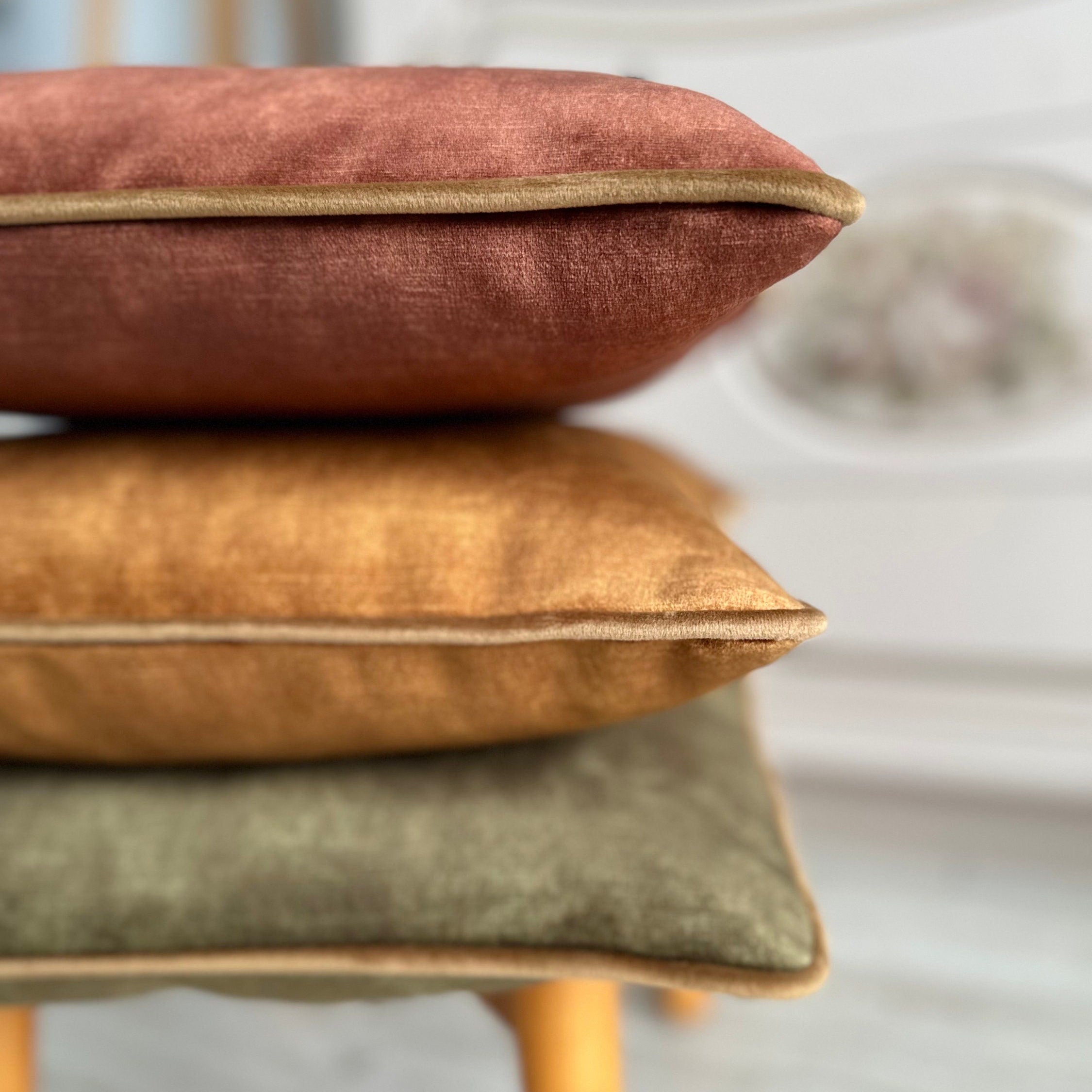 Velvet Pillow Cover with Piping: Chestnut, Caramel, Olive Green