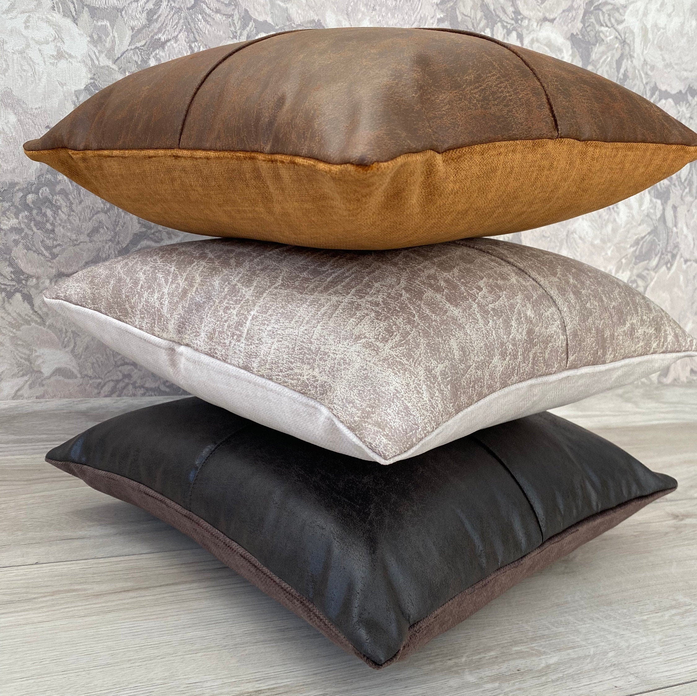 Vegan Leather Pillow Cover: Terracotta, Ivory, Black/Brown, Soft Velvet Back