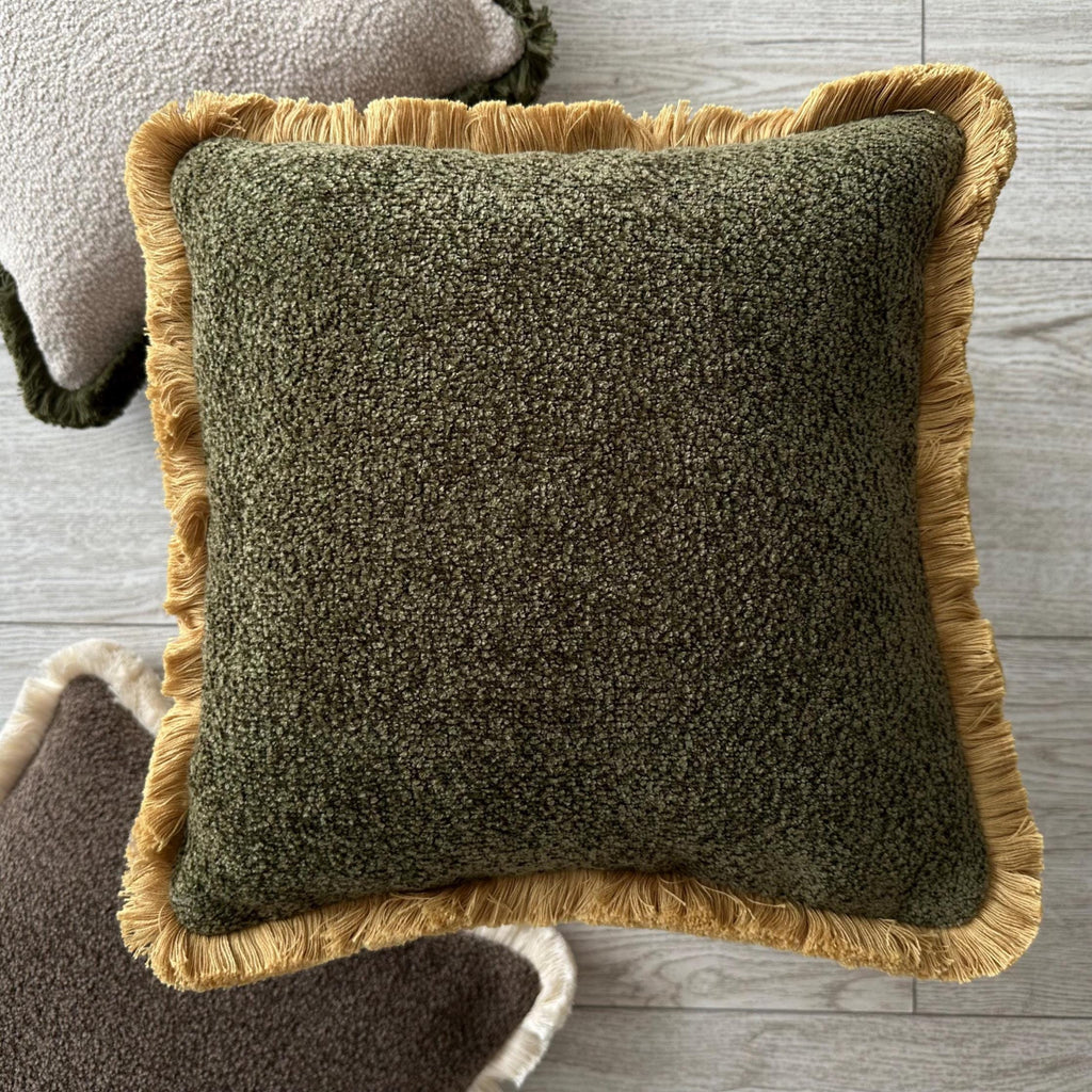 Green Moss Boucle Pillow Cover with Cotton Fringe