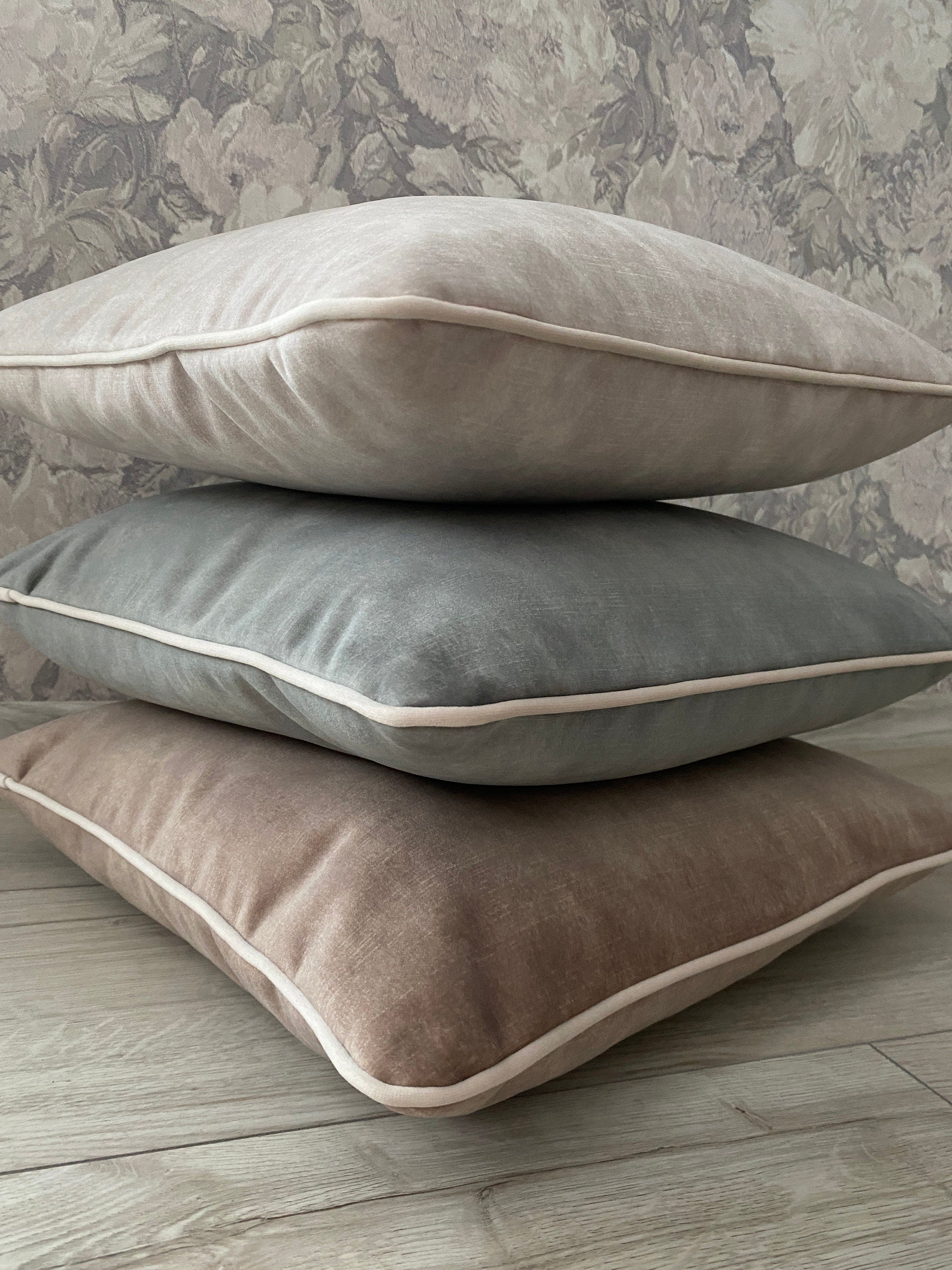 Velvet Pillow Cover with Piping: Thick Grey, Brown, Blue Grey, Beige