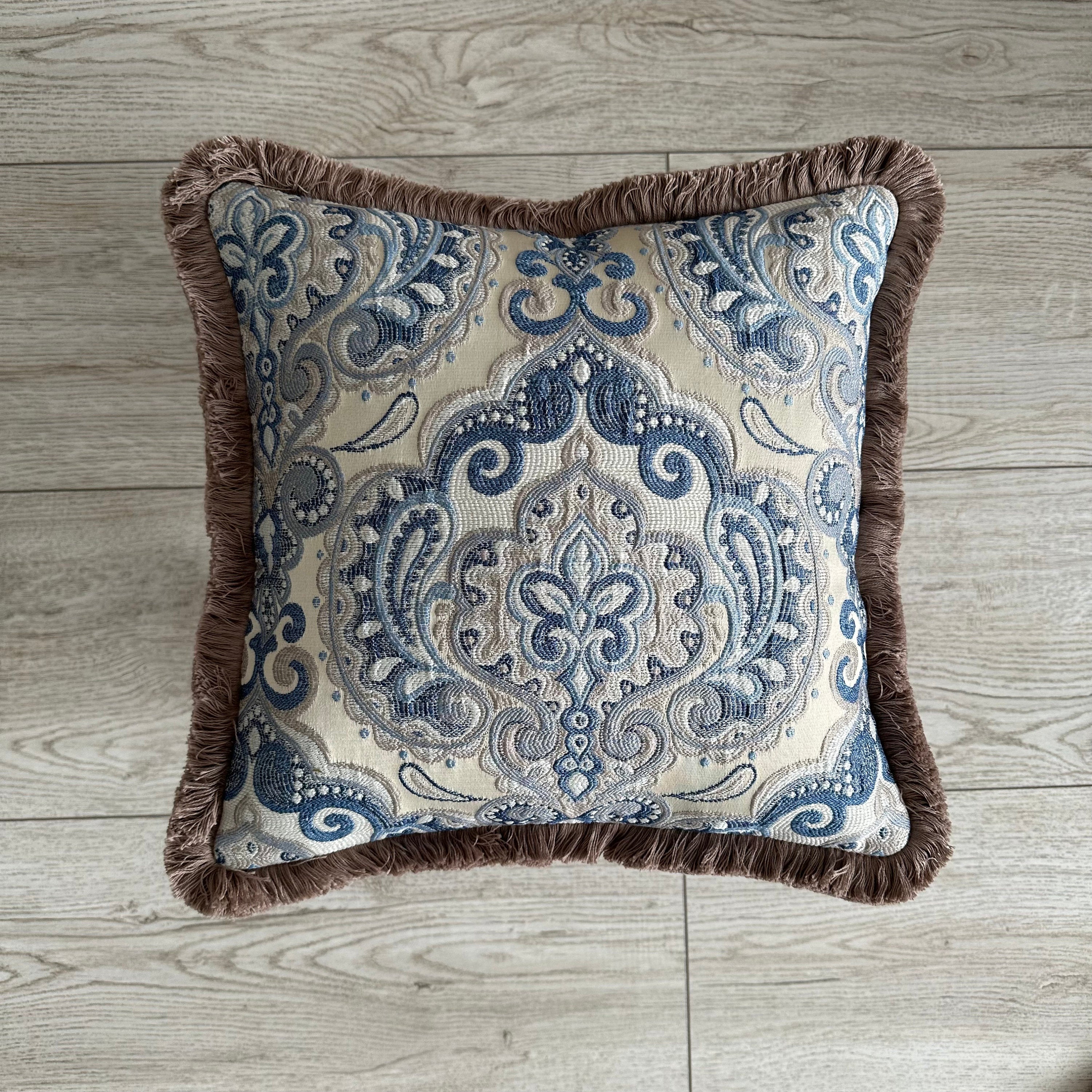 Light Blue Boho Pillow Cover: Royal Fringed Cotton Decorative Pillow