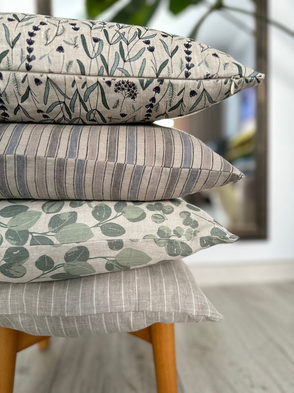 Natural Linen Pillowcase: Striped & Floral Patterned Cushion Cover