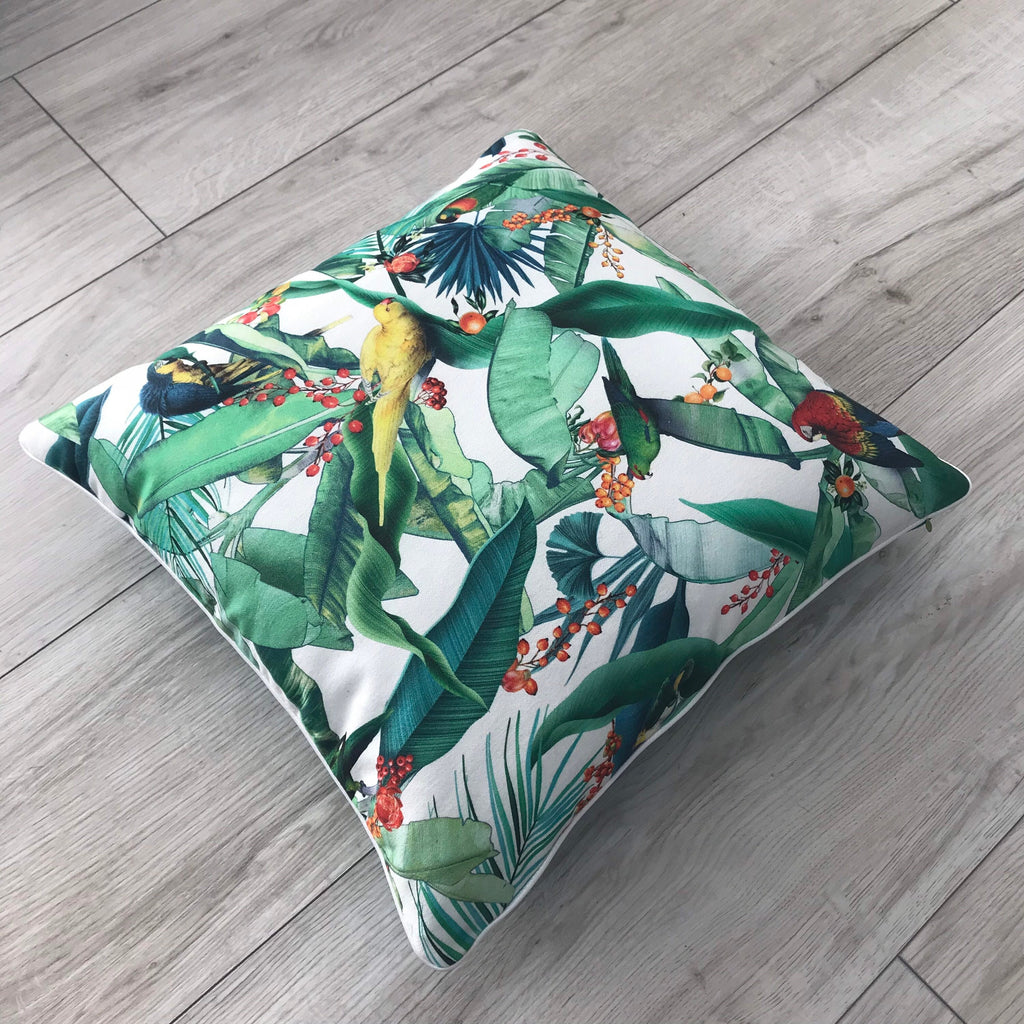 Tropical Parrot Print Cotton Pillow Cover with Fringe