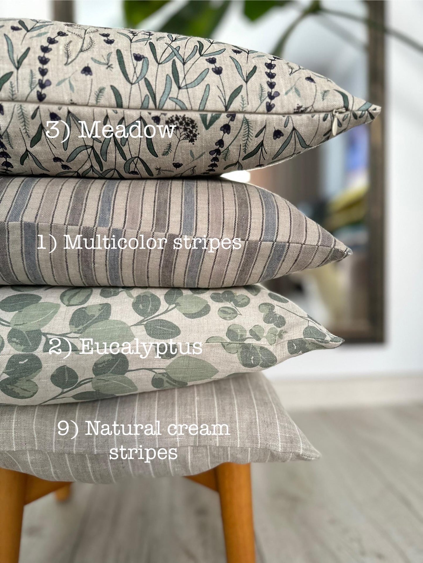 Striped & Floral Linen Pillow Cover: Natural Washed Fabric