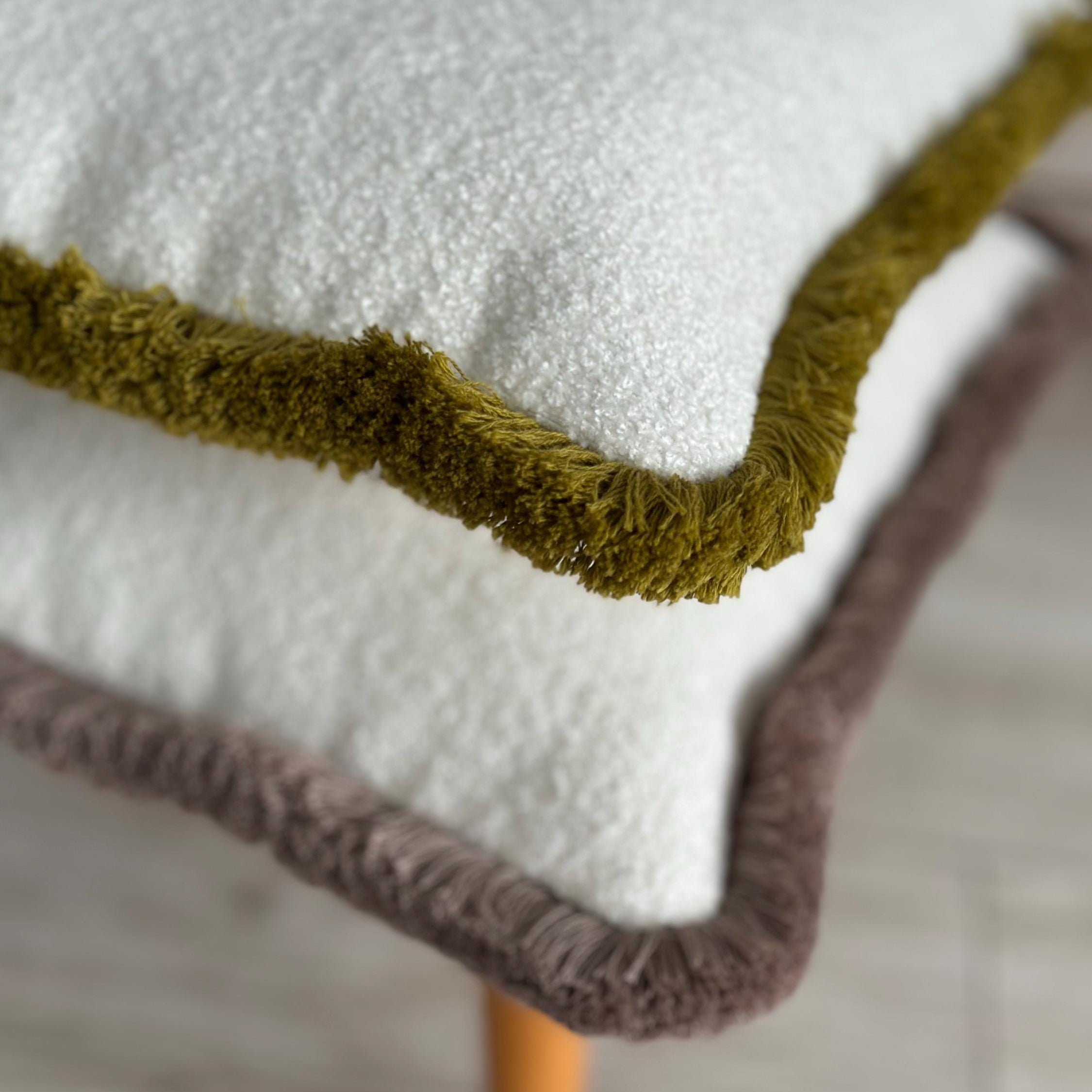 Off White Thick Boucle Pillow Cover with Cotton Fringe