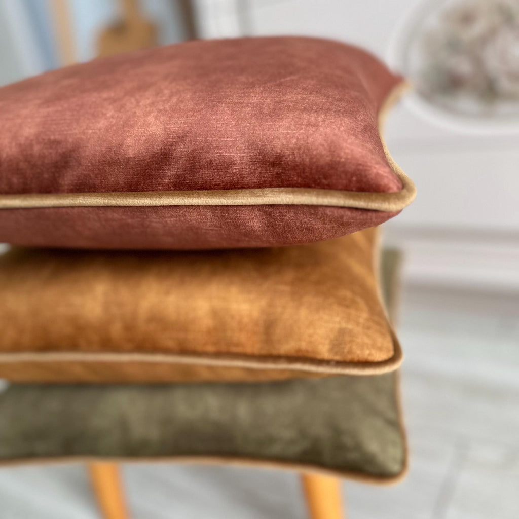 Velvet Pillow Cover with Piping: Chestnut, Caramel, Olive Green