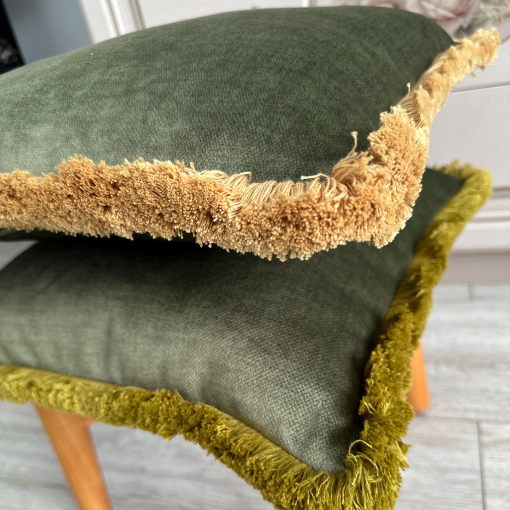 Moss Green Velvet Pillow Cover: Luxury Fringe Trim Cushion