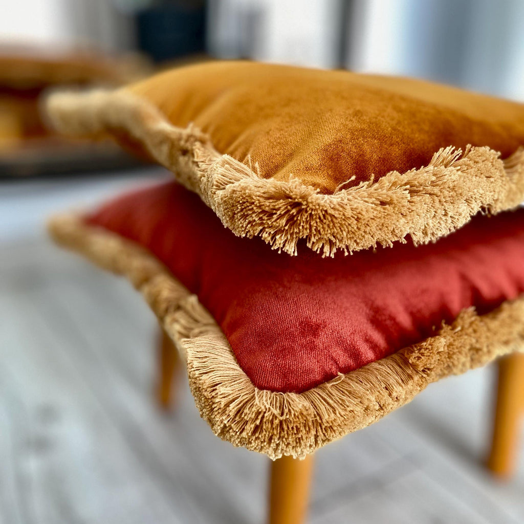 Orange Rust Velvet Fringe Pillow Cover: Boho Decorative Cushion