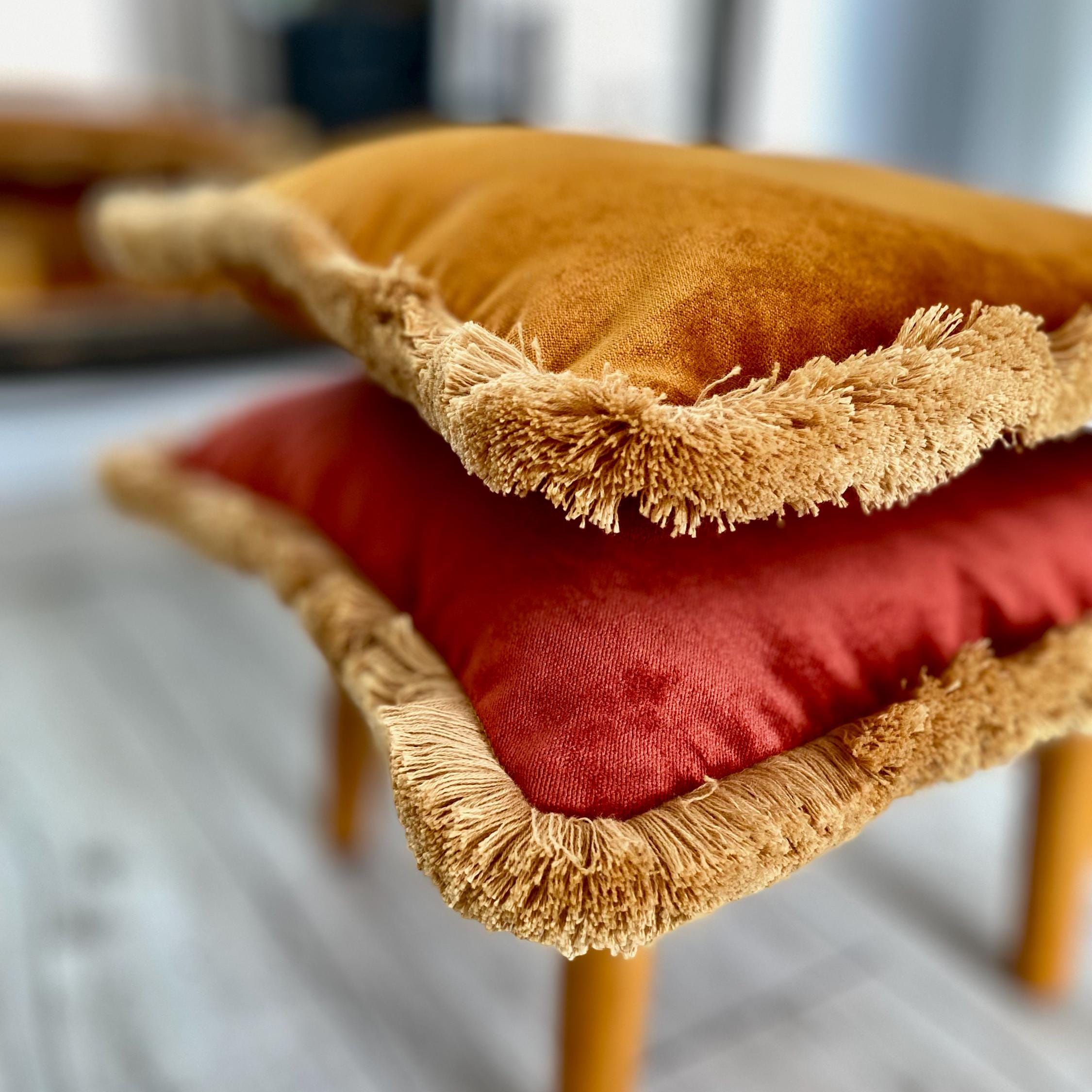 Orange Rust Velvet Fringe Pillow Cover: Boho Decorative Cushion