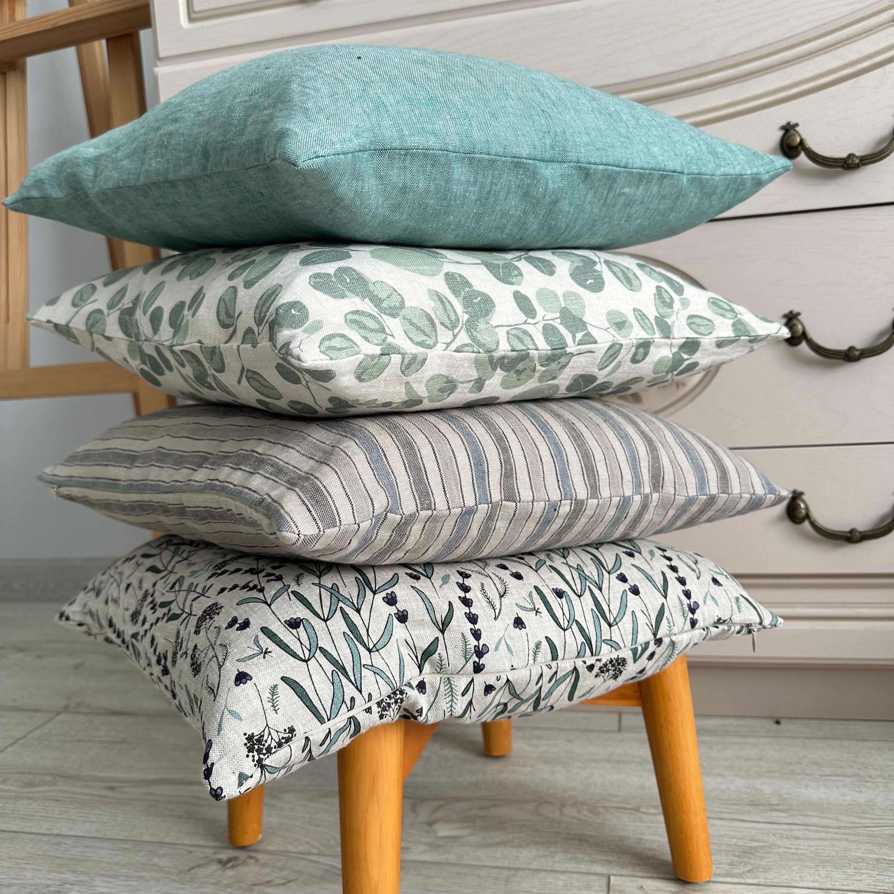 Striped & Floral Linen Pillow Cover: Natural Washed Fabric