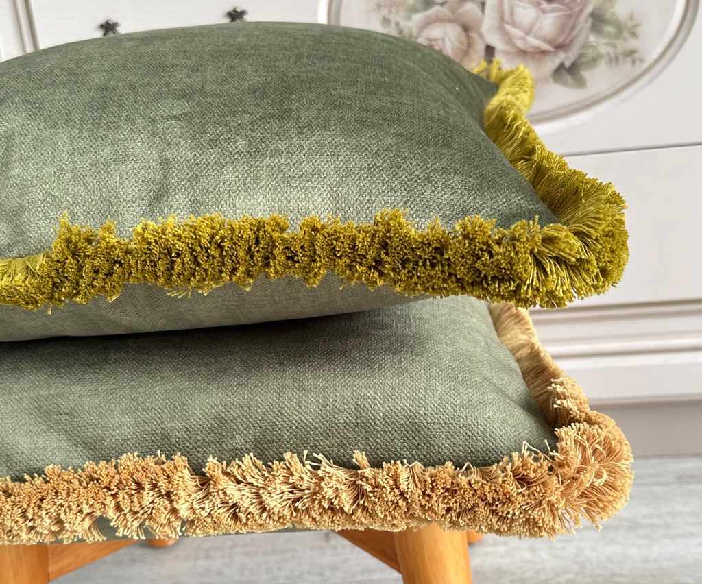 Moss Green Velvet Pillow Cover: Luxury Fringe Trim Cushion
