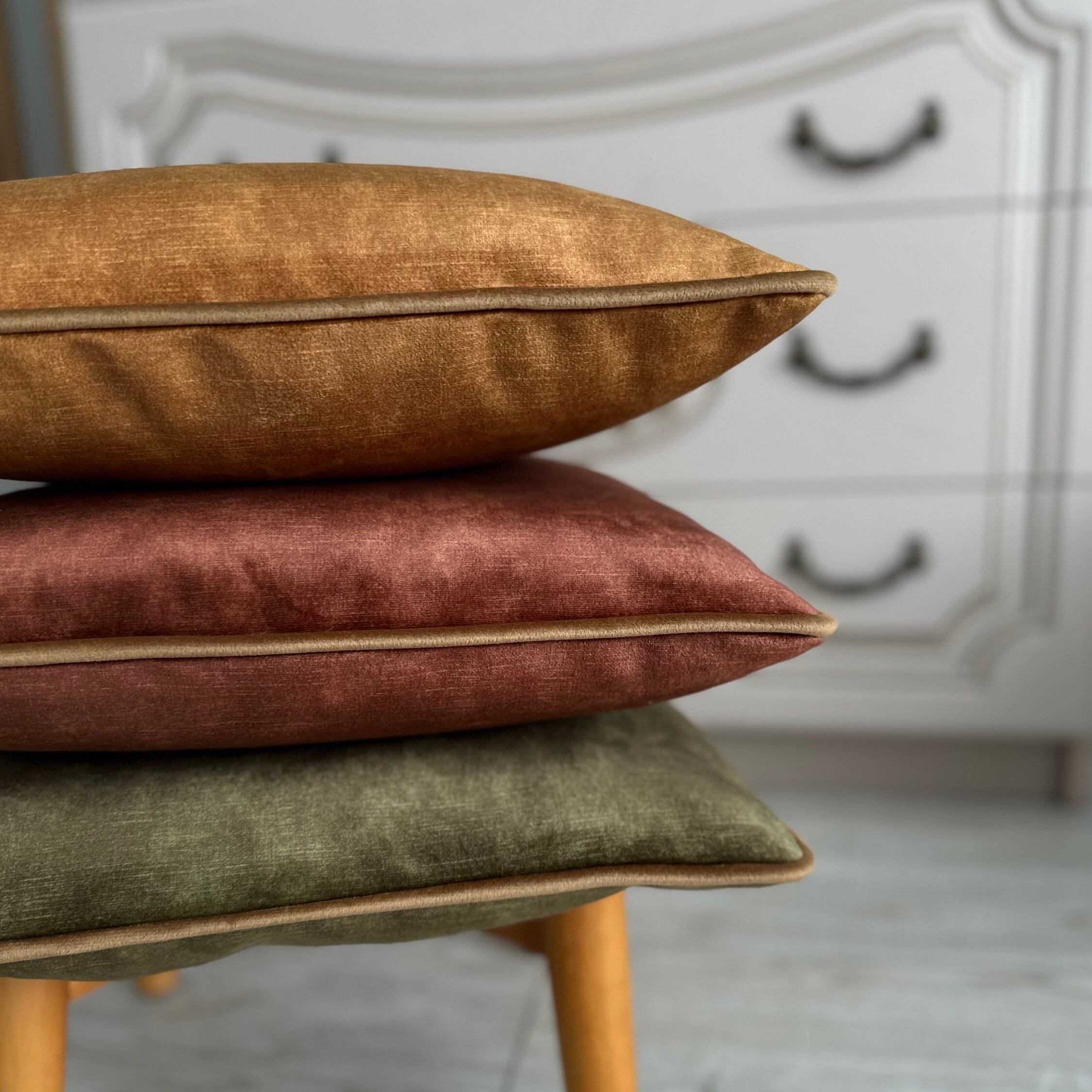 Velvet Pillow Cover with Piping: Chestnut, Caramel, Olive Green