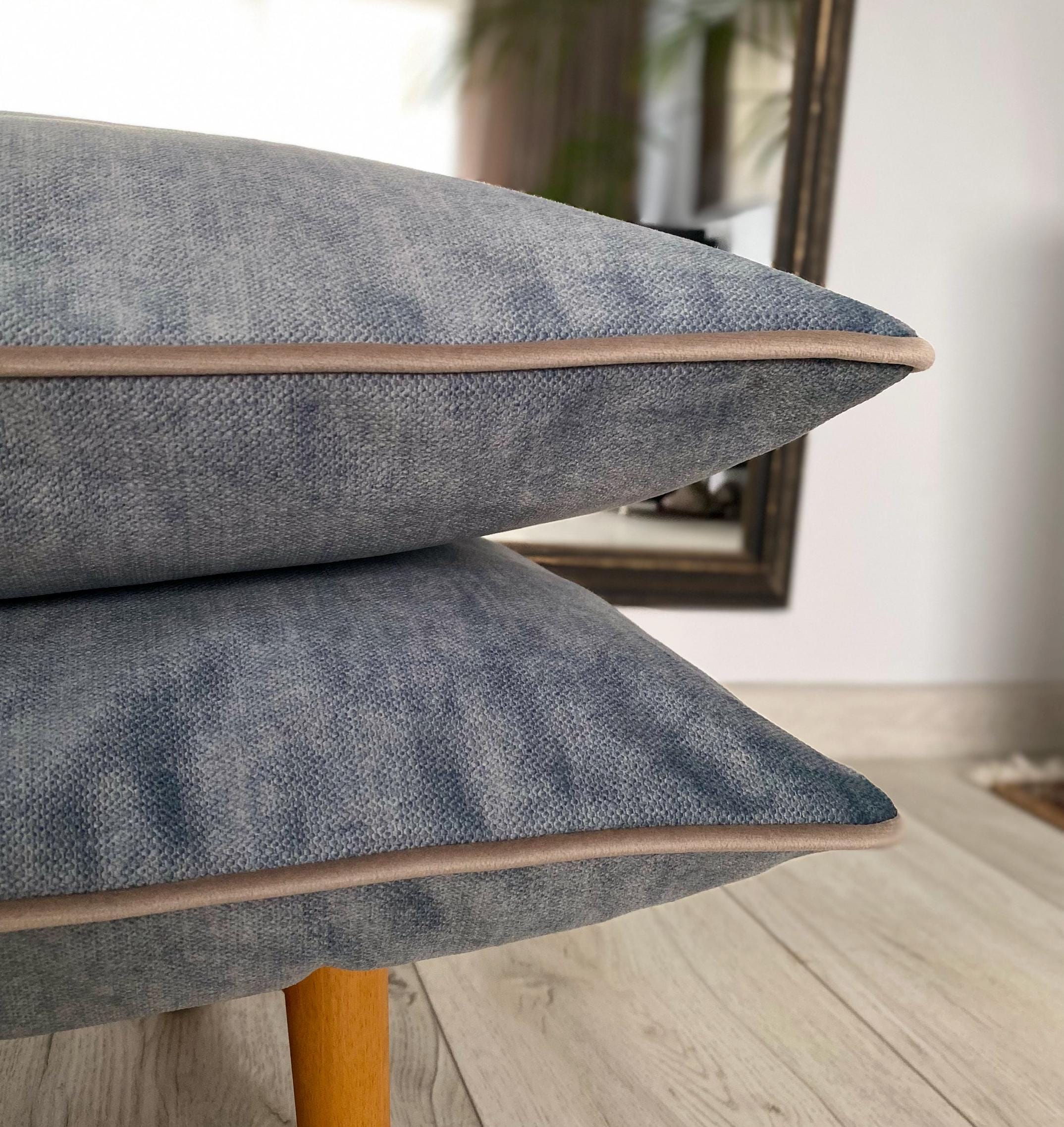 Textured Velvet Pillow Cover: Smoke Blue, Grey Piping