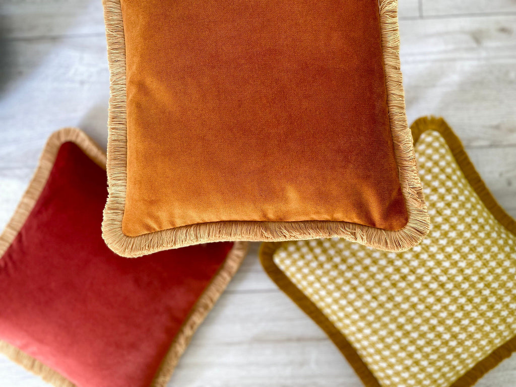 Orange Rust Velvet Fringe Pillow Cover: Boho Decorative Cushion
