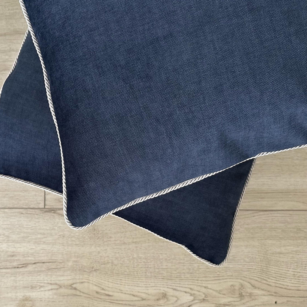 Thick Navy Blue Velvet Pillow Cover: Textured Cushion with Rope Piping