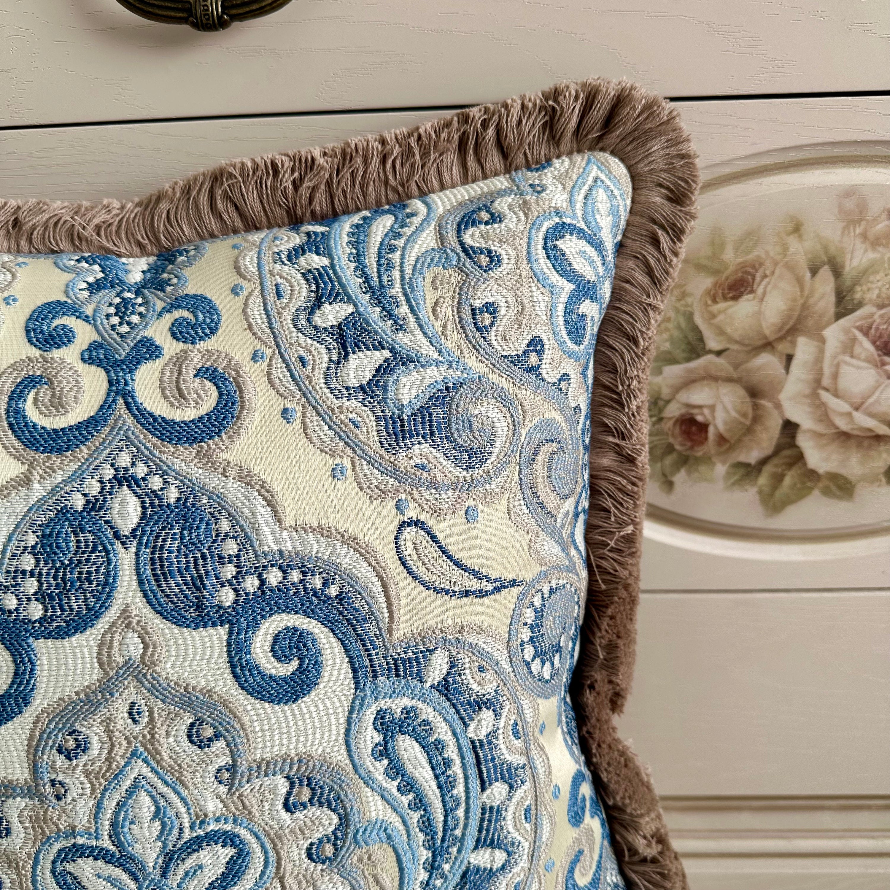 Light Blue Boho Pillow Cover: Royal Fringed Cotton Decorative Pillow