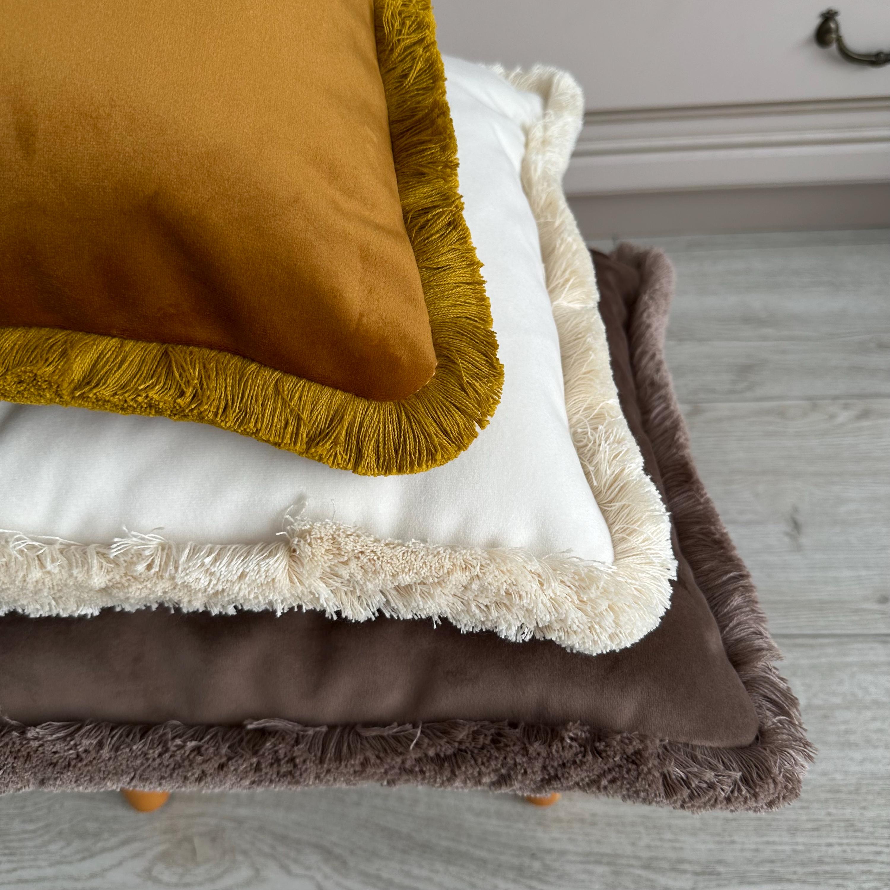 Antique Gold Velvet Pillow Cover: Cotton Fringe Throw Pillow