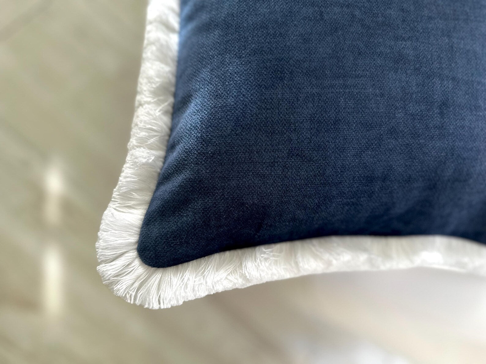 Navy Blue Velvet Pillow Cover: Boho Cotton Fringe Cushion
